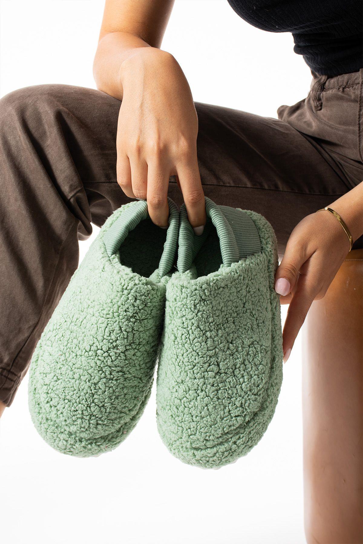 Yeşil Arkası Lastikli Havlu Kumaş Ev Ayakkabısı Ev Botu Panduf (ÜRÜN GELİŞTİRİLMİŞTİR)