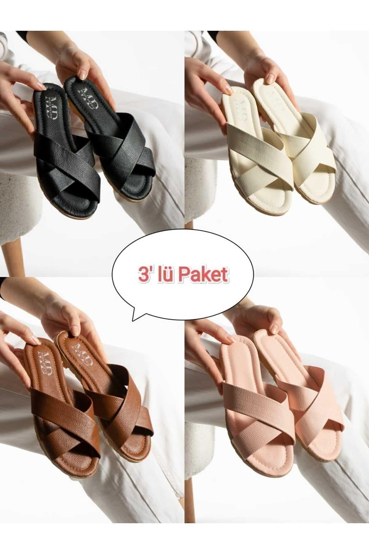 3'lü Paket Çapraz Kadın Terlik Dış Mekan Ve Ev Terliği Çeyiz Bohça Seti
