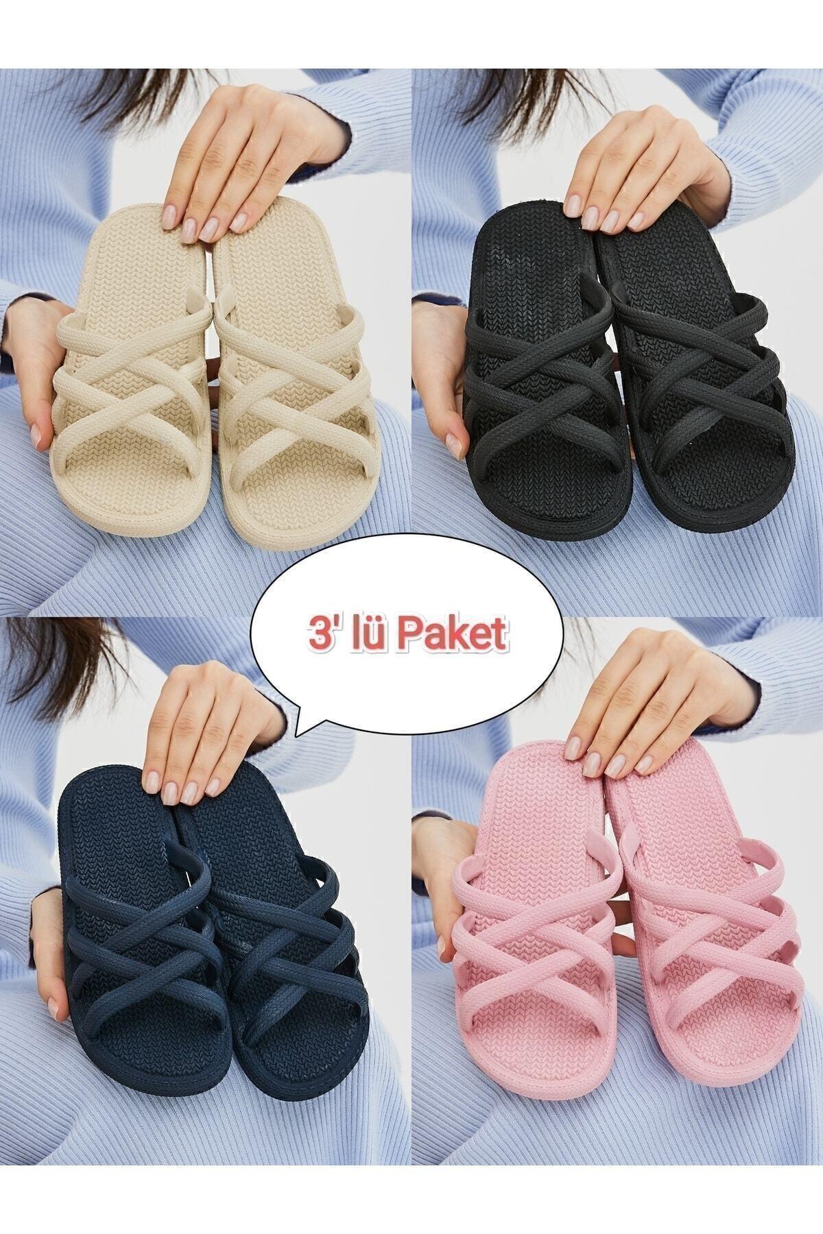 3'lü Paket Hasır Görünüm Terlik Ev Dış Mekan Havuz Deniz Plaj Banyo Terliği Çeyiz Bohça Seti
