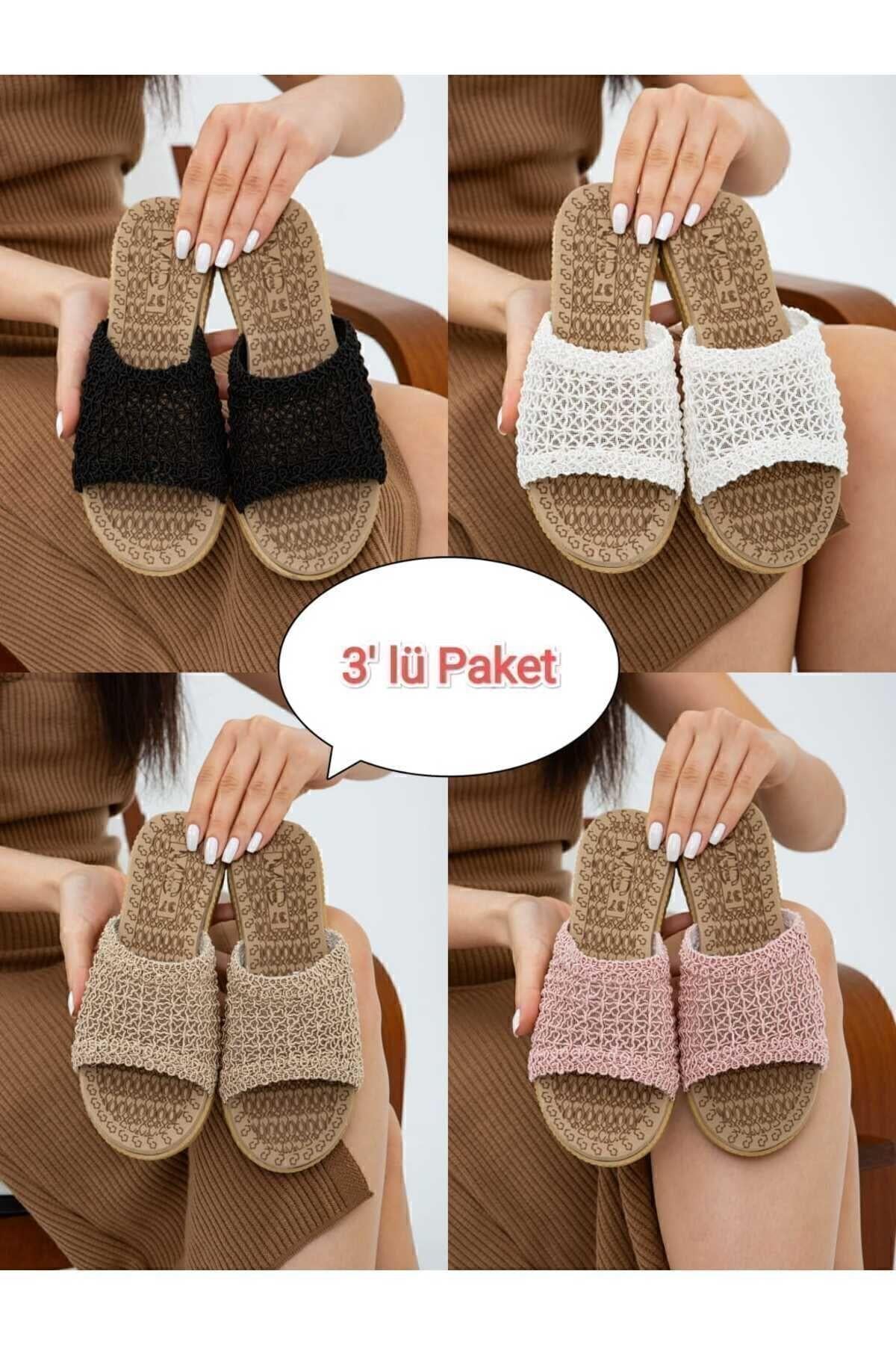 3'lü Paket Önü Açık Hasır Örgü Dış Mekan Ve Ev Terliği Çeyiz Bohça Seti