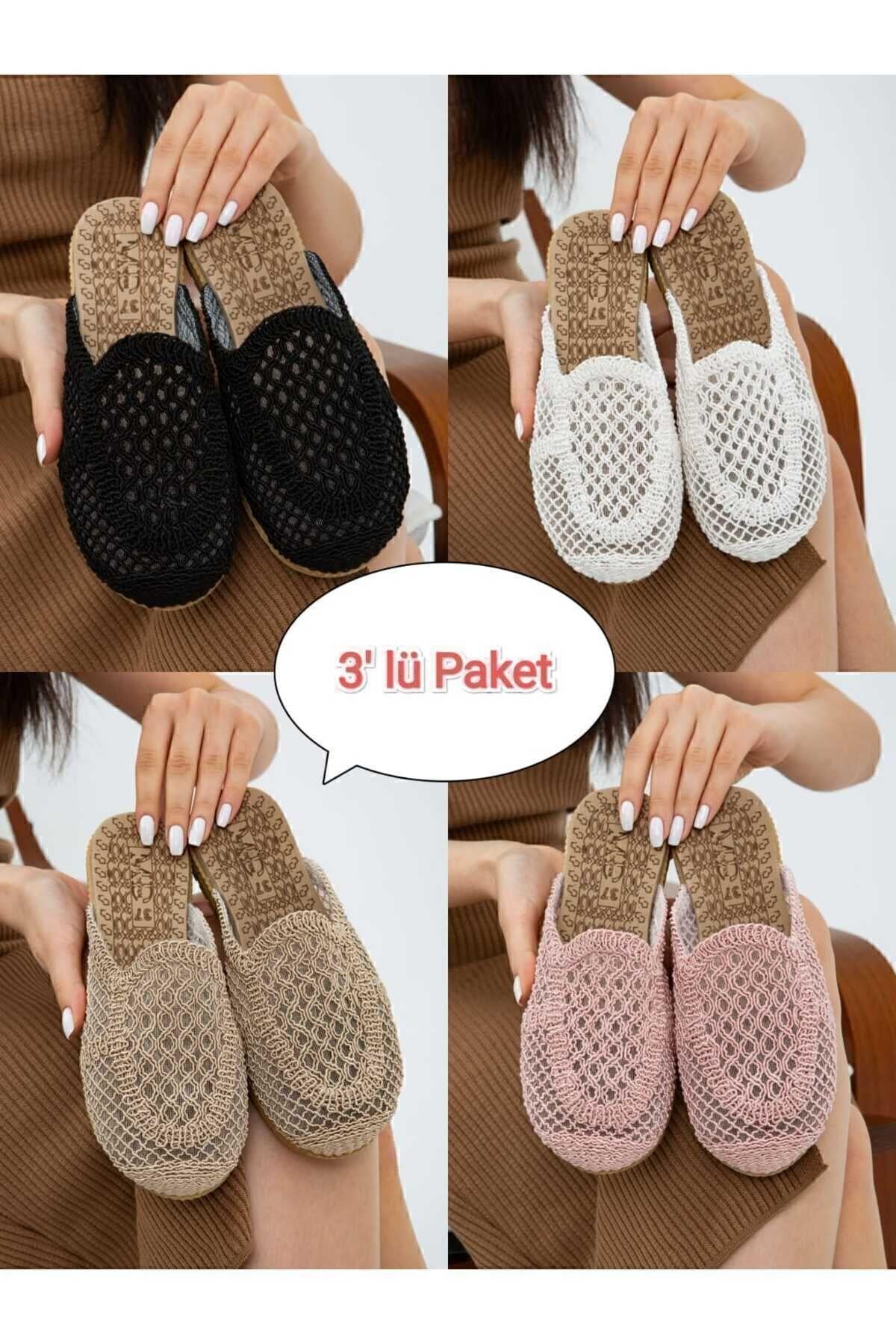 3'lü Paket Önü Kapalı Hasır Örgü Dış Mekan Ve Ev Terliği Çeyiz Bohça Seti