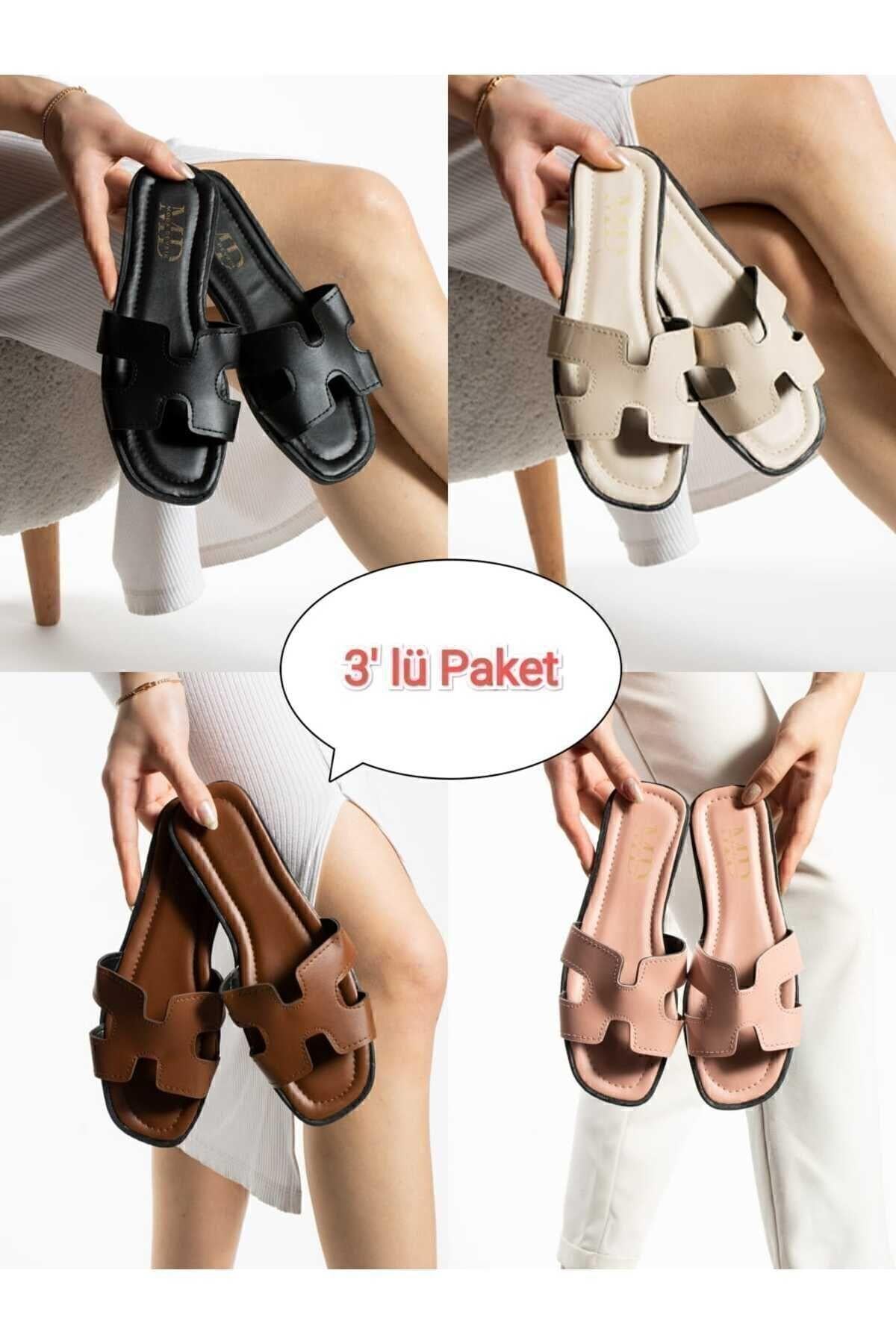 3'lü Paket Önü Yanı Açık Kadın Terlik Dış Mekan Ve Ev Terliği