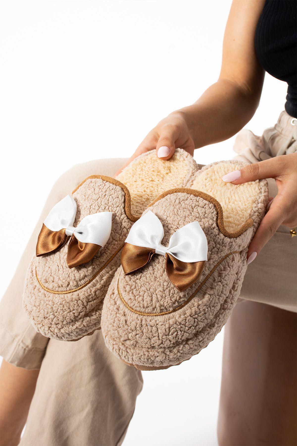 Bej Papyon Kışlık Kadın Terlik