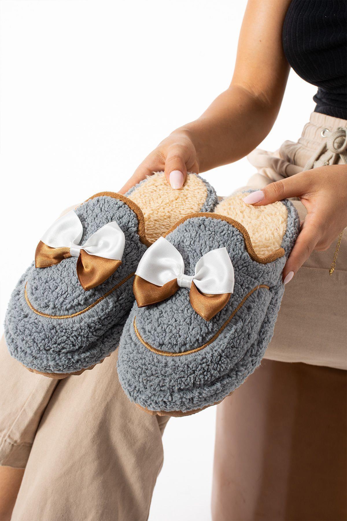 Gri Papyon Kışlık Kadın Terlik