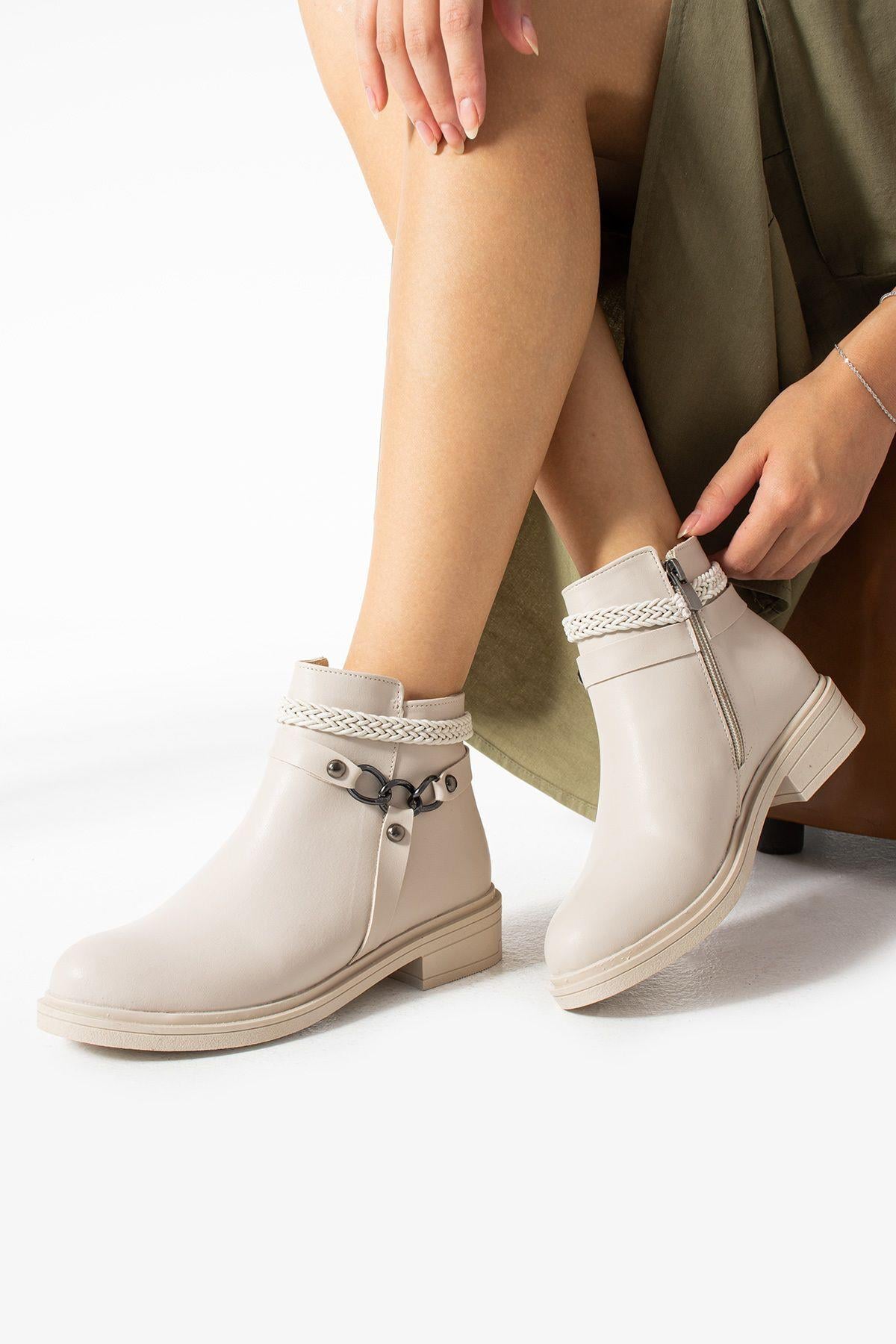 Kadın Bej Fermuarlı Bot