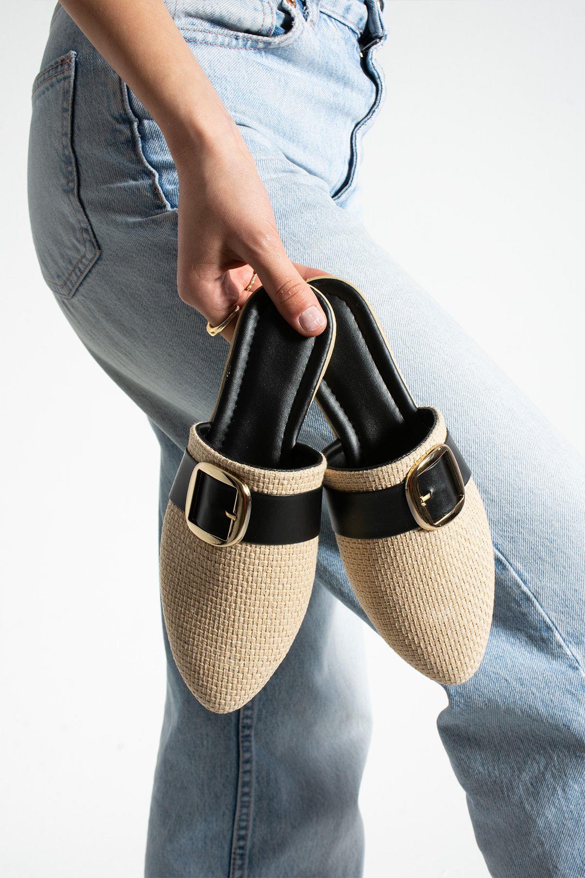 Siyah Jüt Tokalı Kapalı Kadın Terlik Ev Ve Dış Mekan Terliği