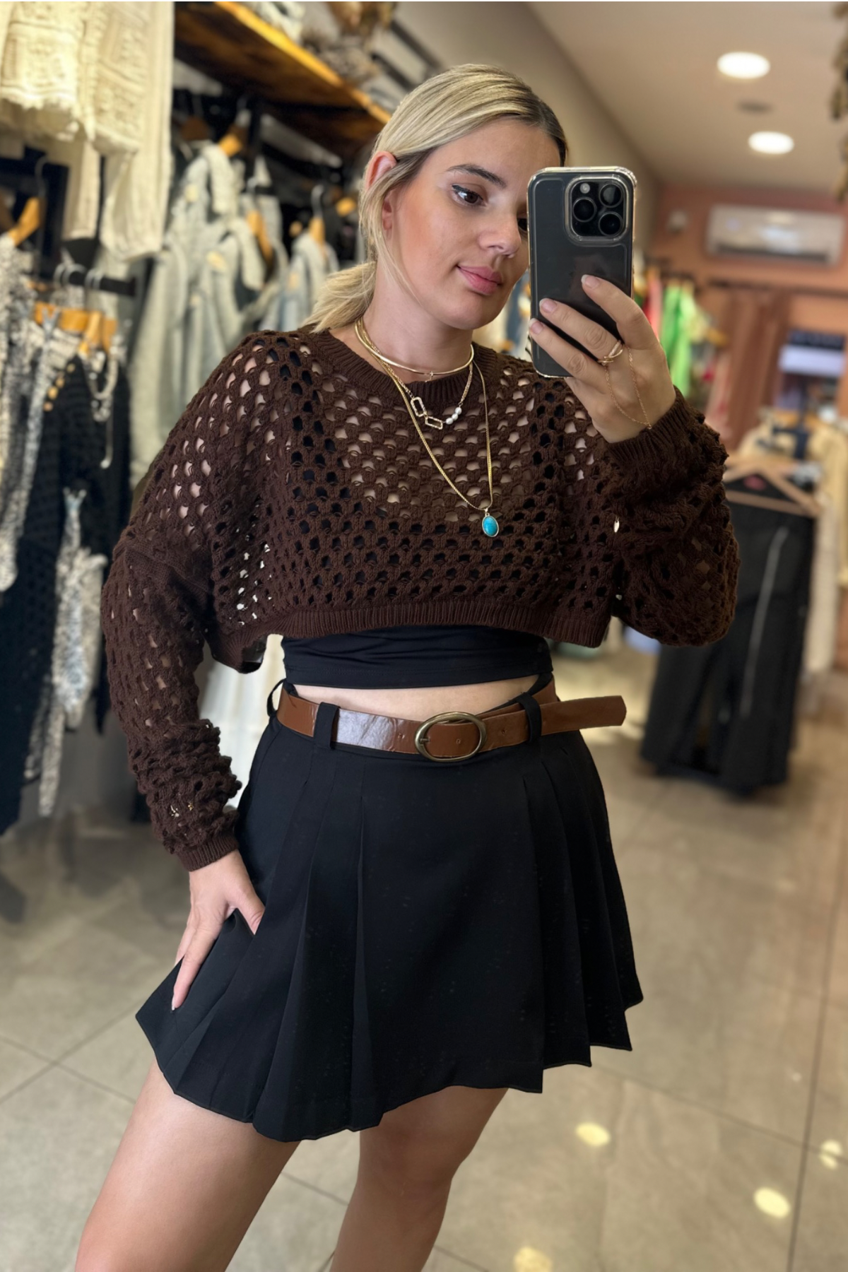 Acı kahve ajurlu triko crop