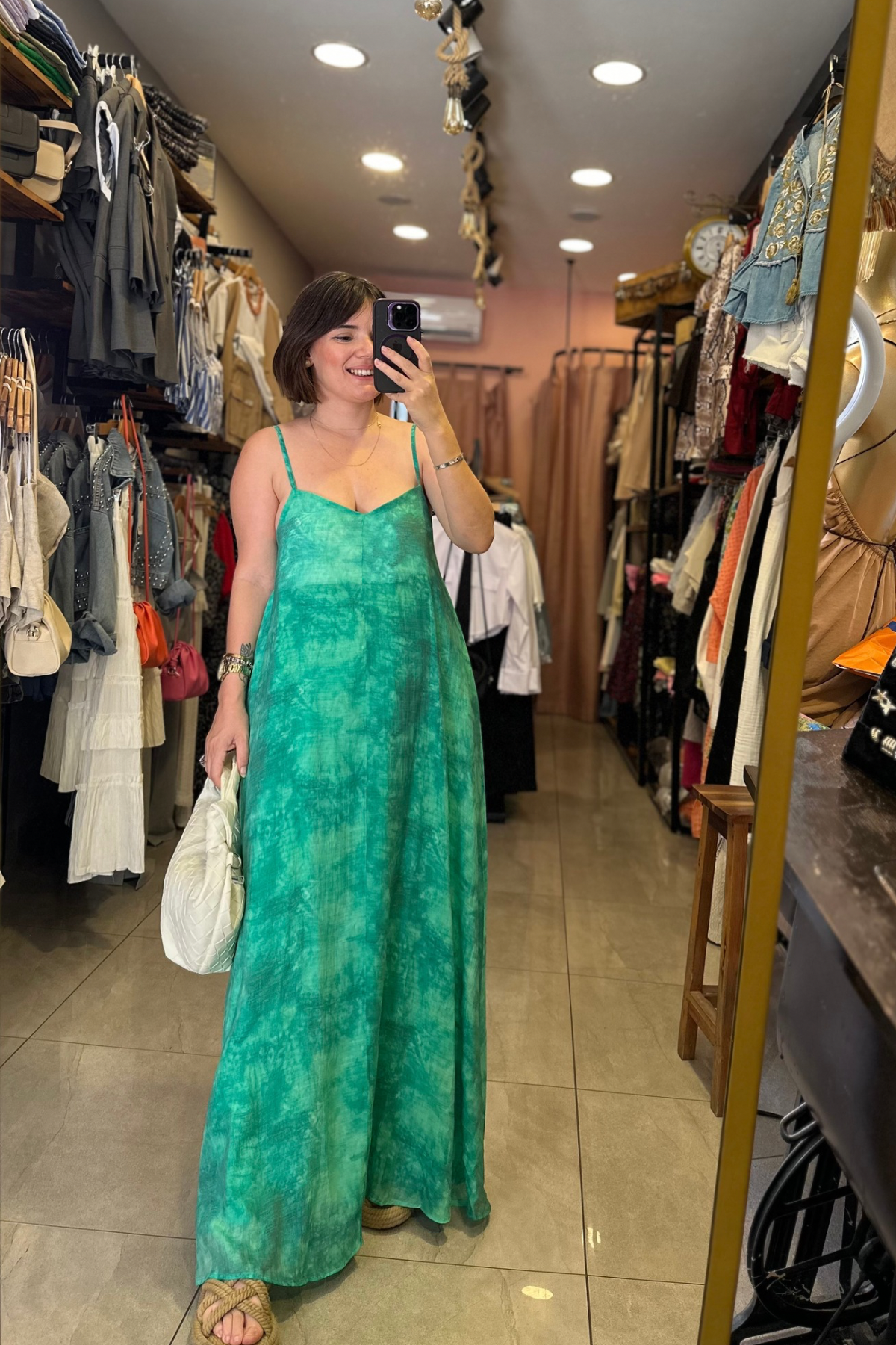 batik desen astarlı şifon elbise - yeşil