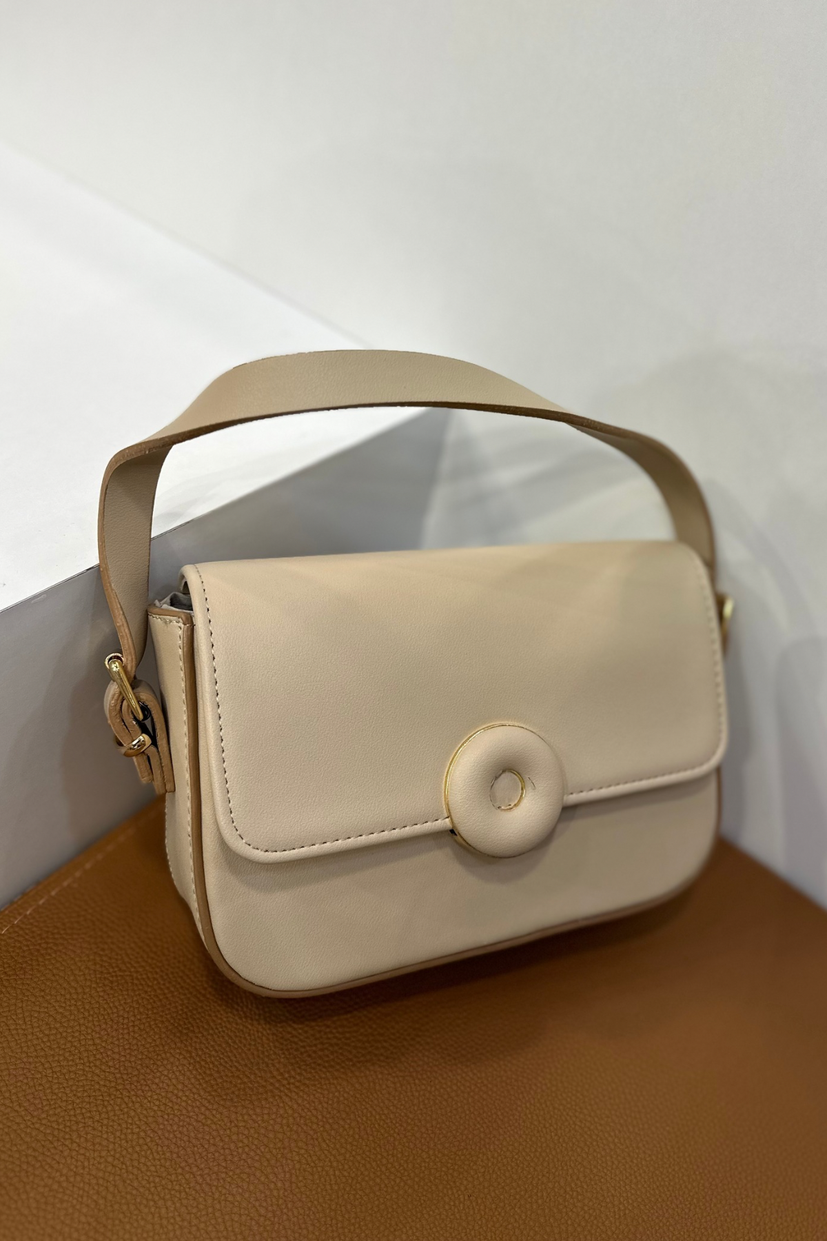 Bej Deri El ve Omuz Çantası