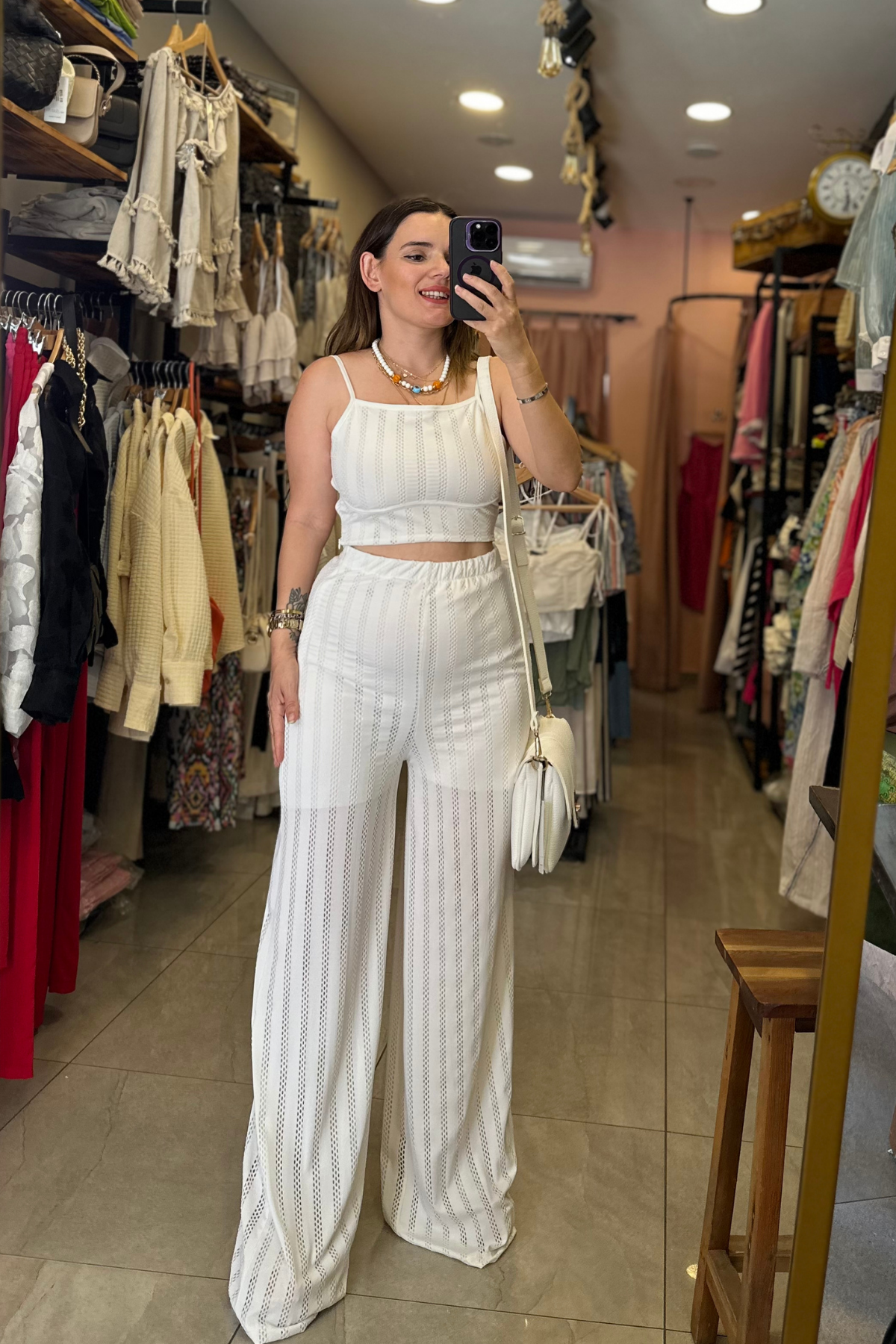 Beyaz Delikli Büstiyer Pantolon Takım