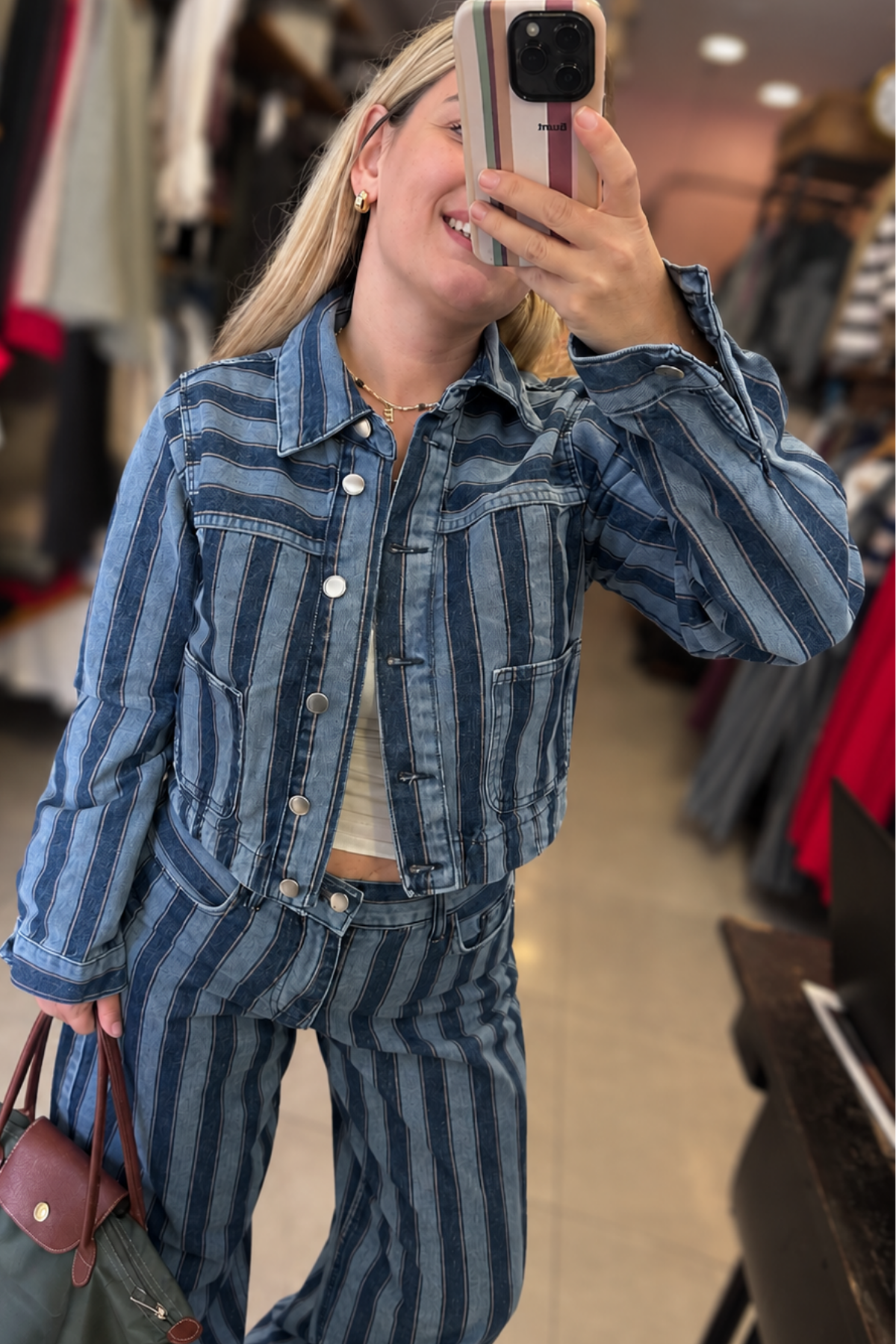 Crop Boy Dikey Çizgili Denim Ceket