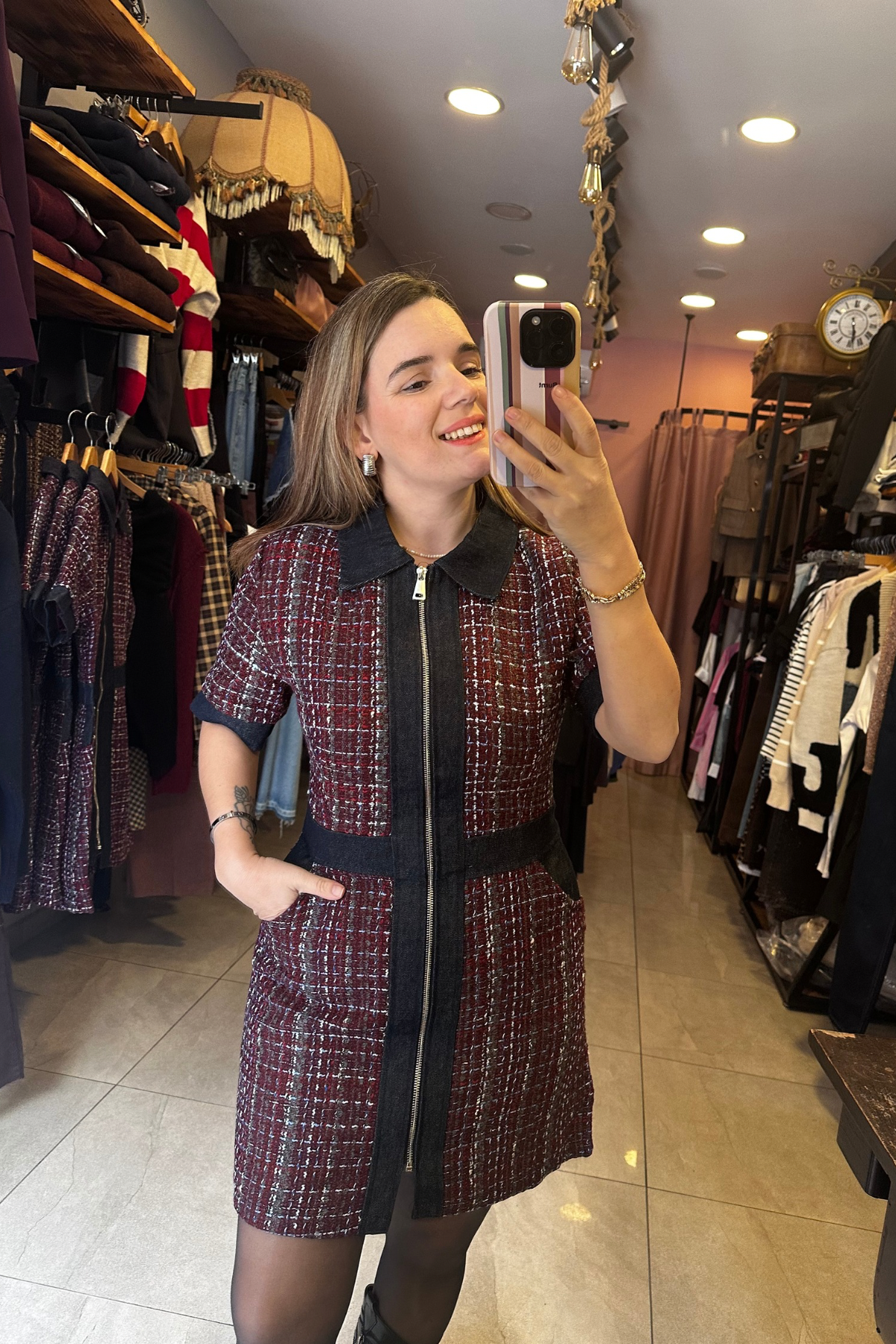Denim Detay Tüvit Elbise - Bordo