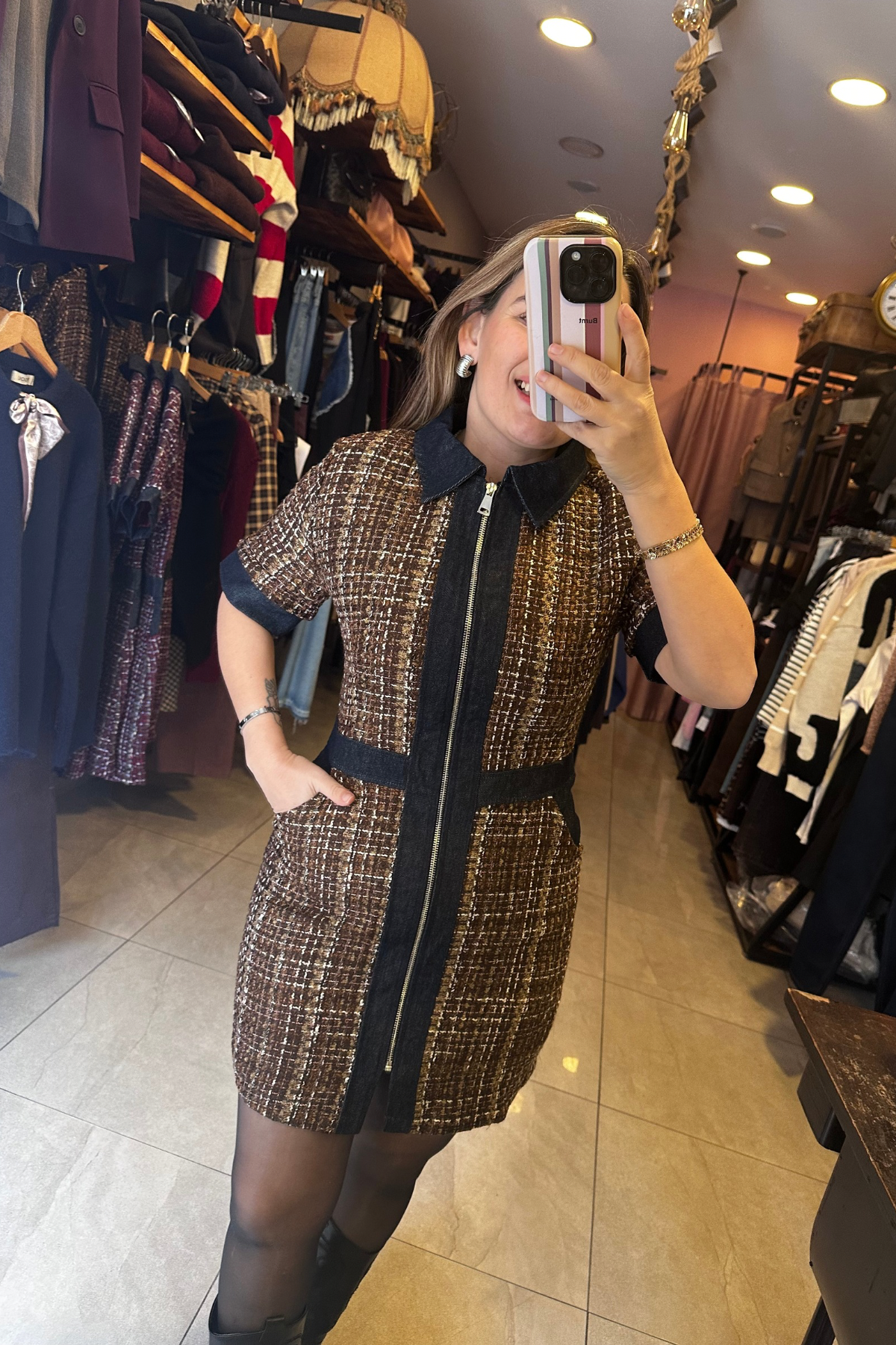 Denim Detay Tüvit Elbise - Kahverengi
