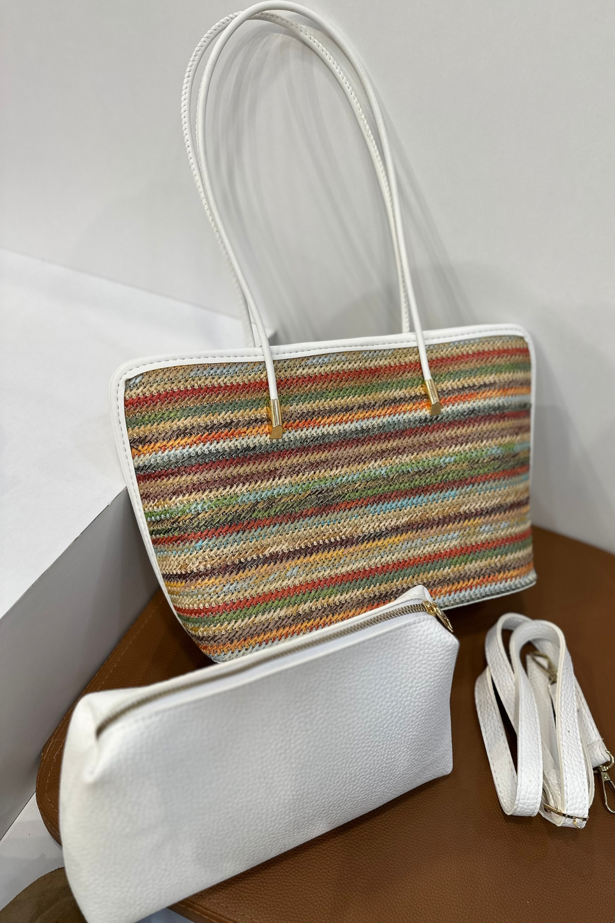 Deri Saplı Renkli Hasır Çanta