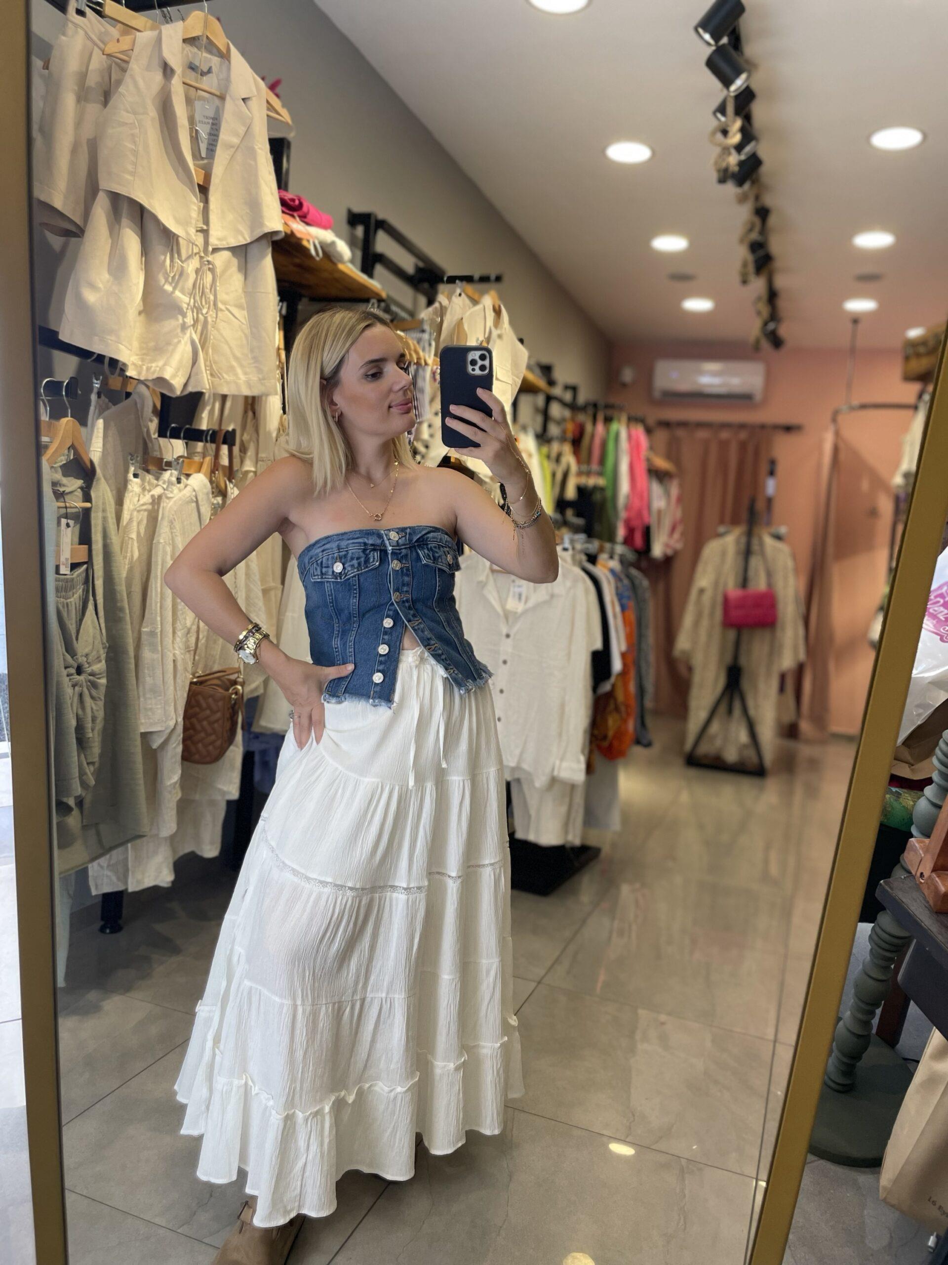 Düğme detay Jean straplez yelek