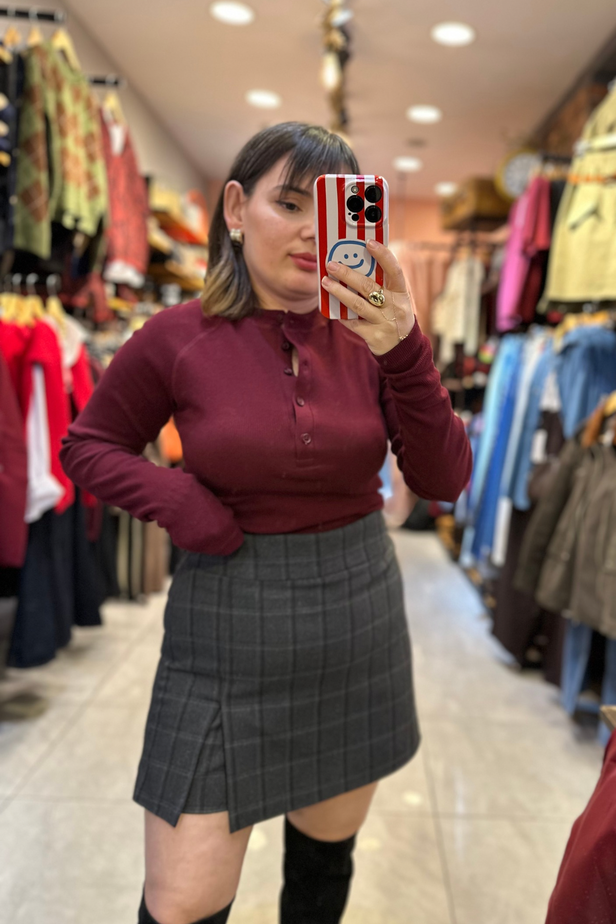 Ekose Şort Etek - Gri