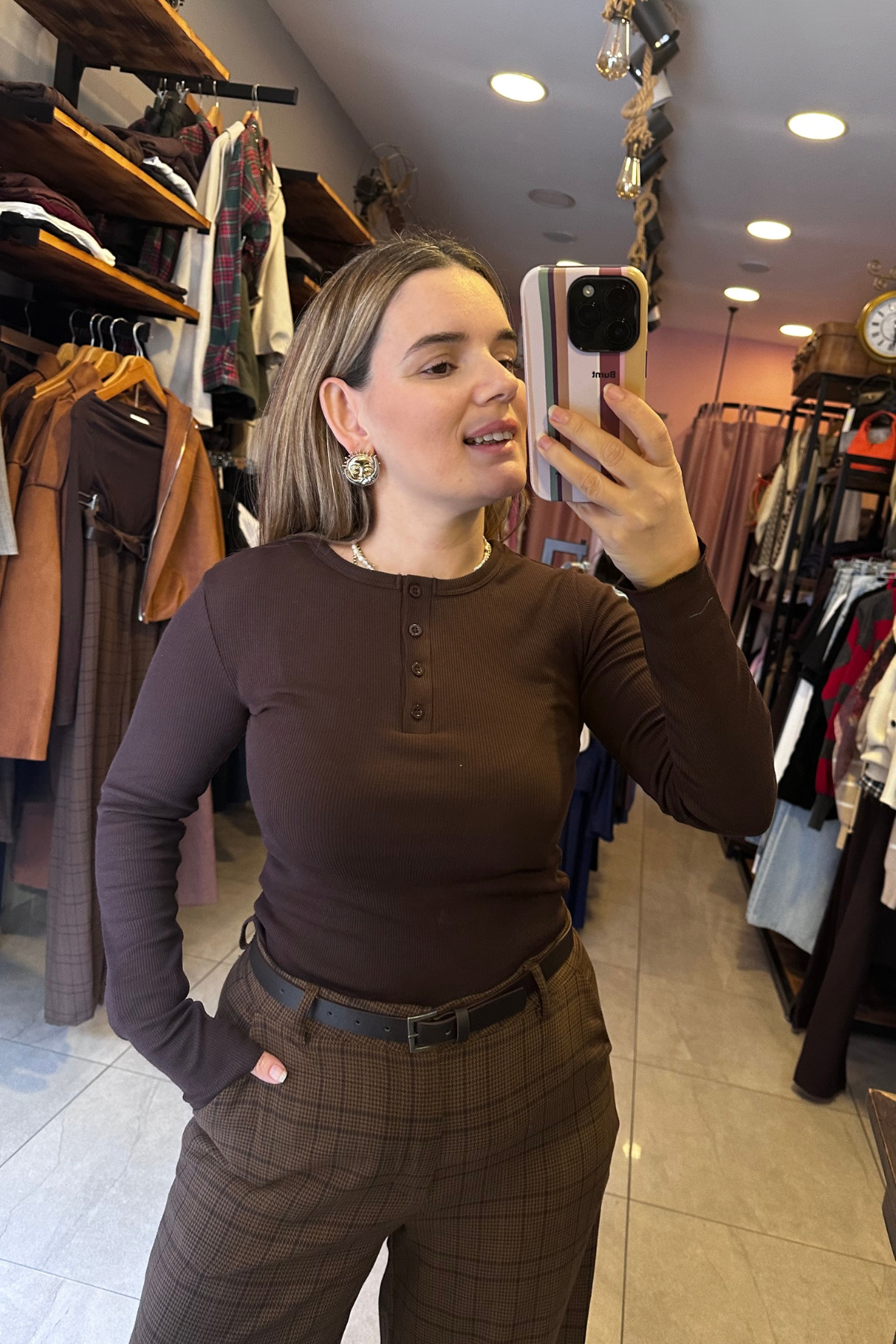 Fitilli Düğmeli Bisiklet Yaka Acı Kahve Body