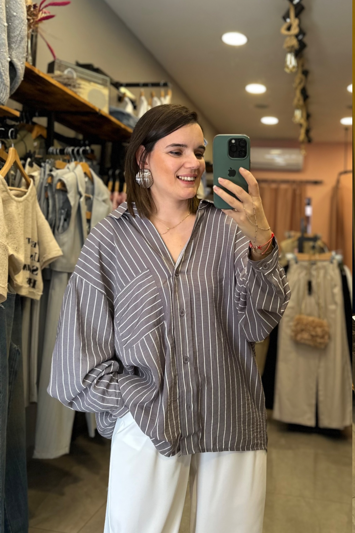 Füme Çizgili Oversize Tensel Gömlek