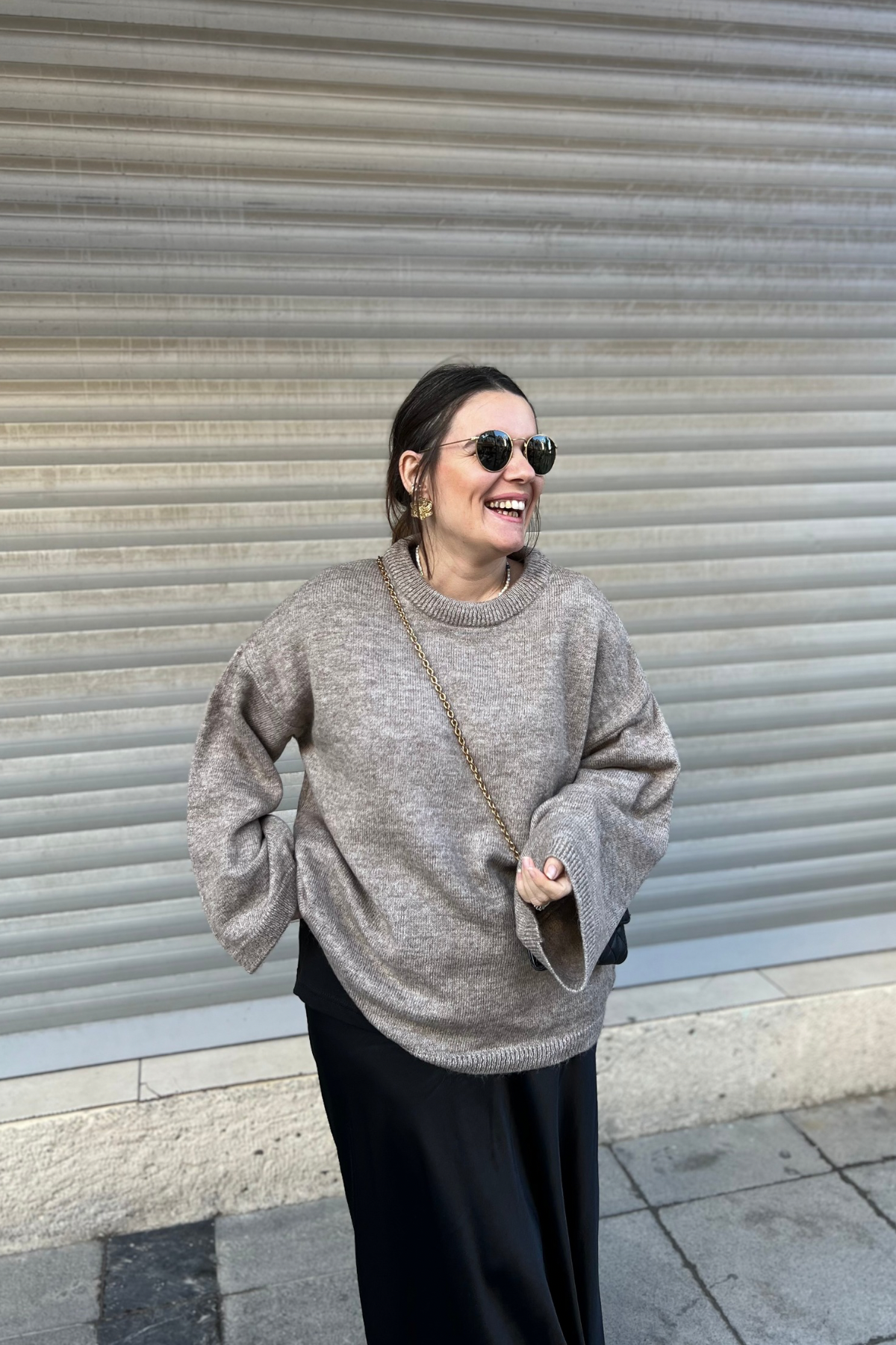 Geniş Kol Düşük Omuz Oversize Triko Kazak - Vizon