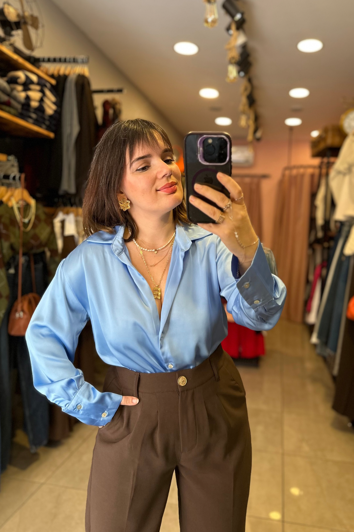 Geniş Manşet Premium Saten Gömlek - mavi