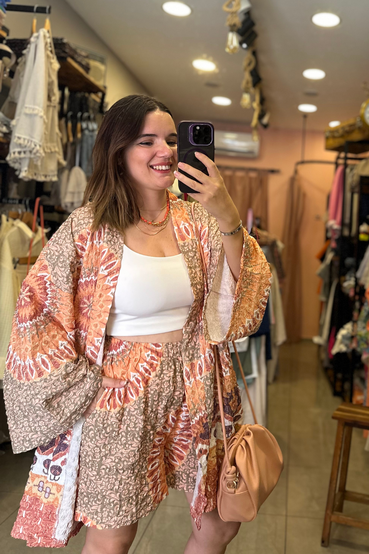 Gofre Kumaş Etnik Desen Kimono Takım