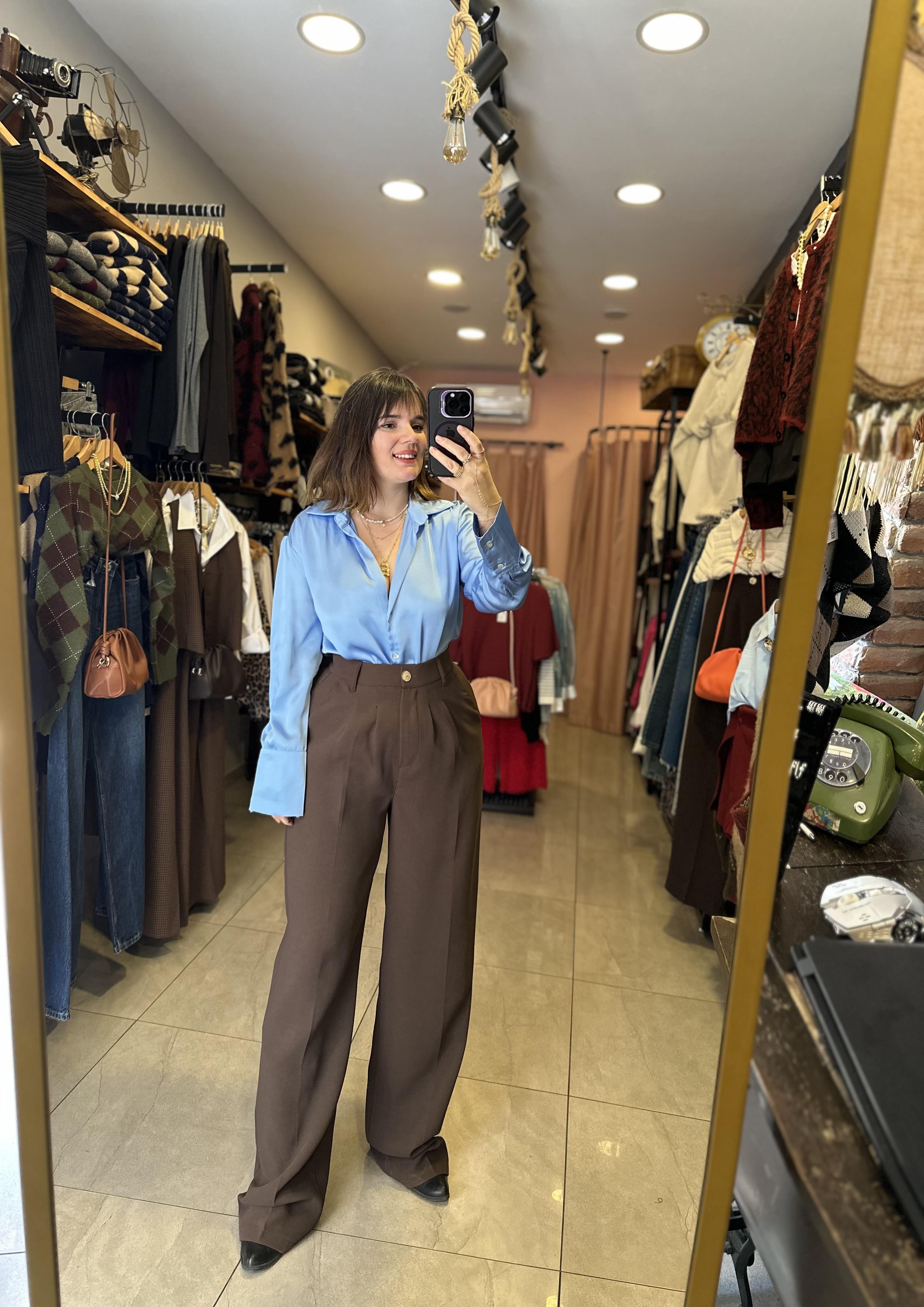 Gold Düğme Premium Palazzo Pantalon - kahverengi