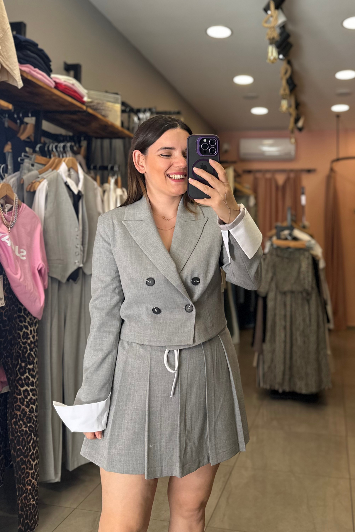 Gömlek Manşet Detay Crop Blazer Gri