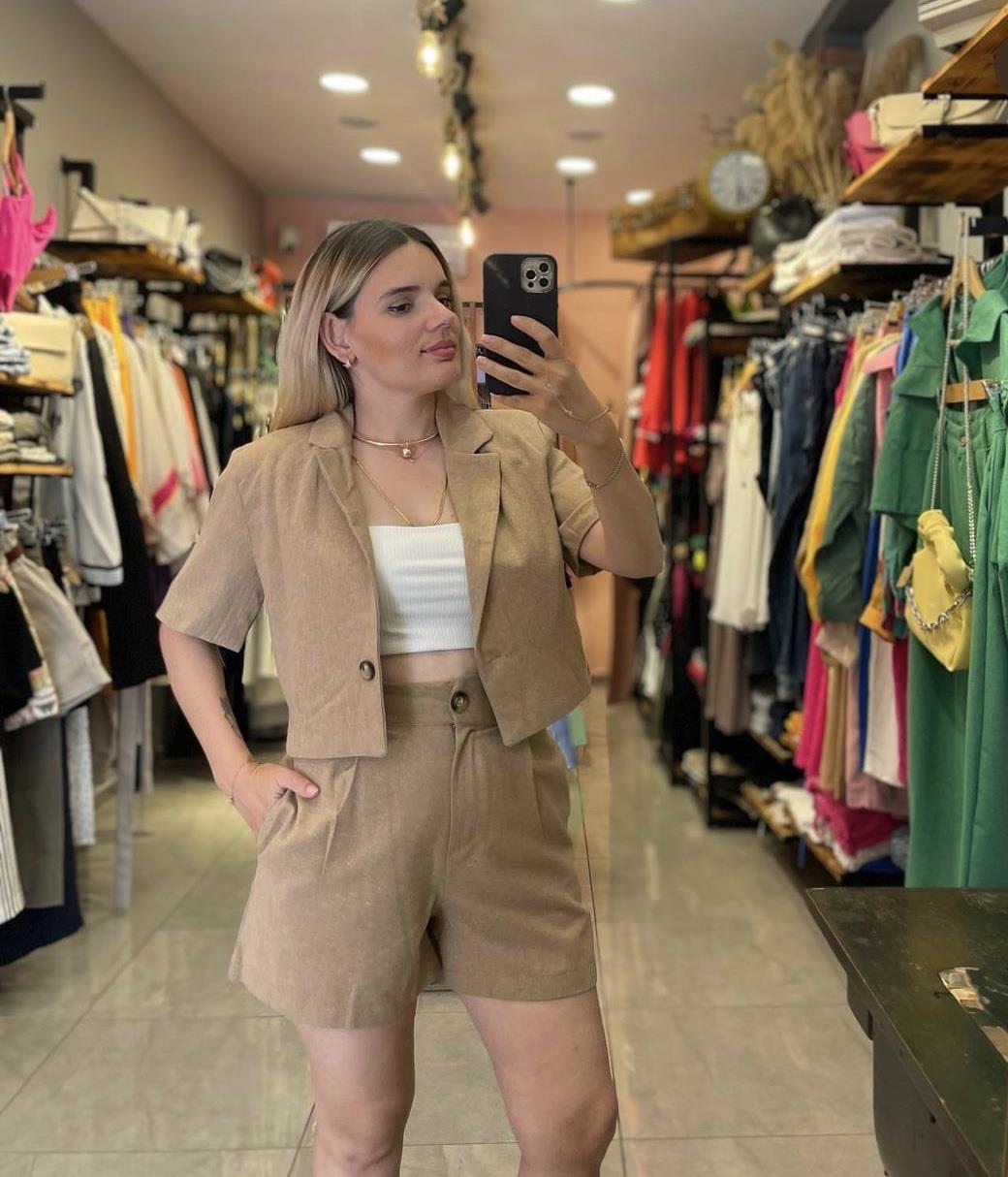 Ham Keten Blazer & Şort Takım - CAMEL