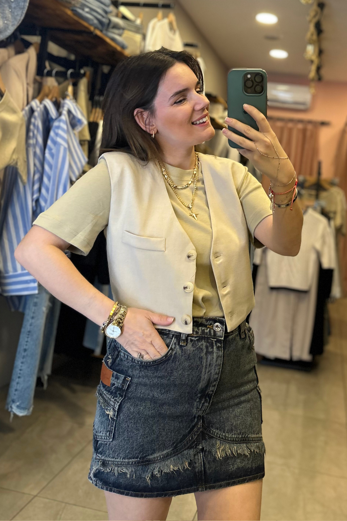 Kargo Cep Detay Taşlanmış Jean Etek