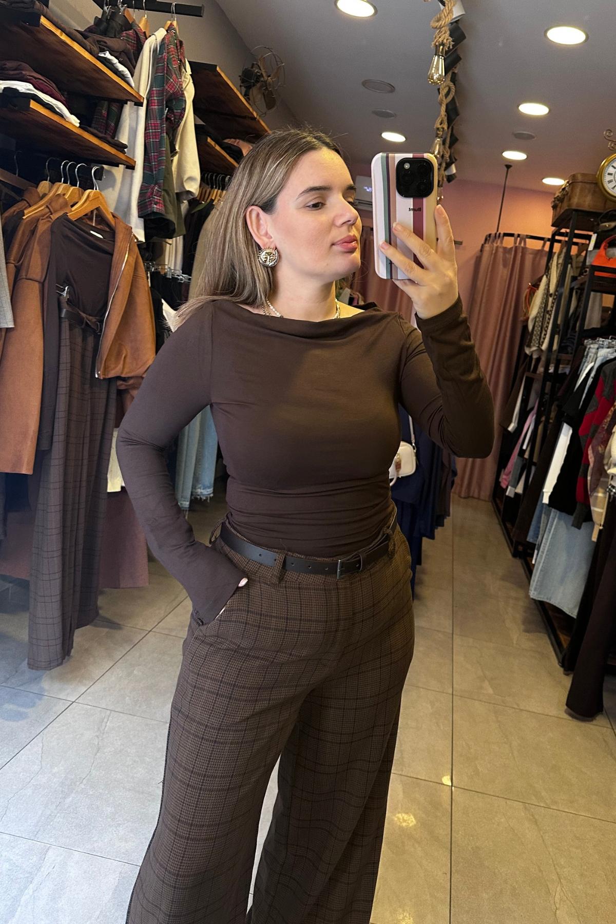 Kayık Yaka Yan Büzgülü Buzzy body -Acı Kahve