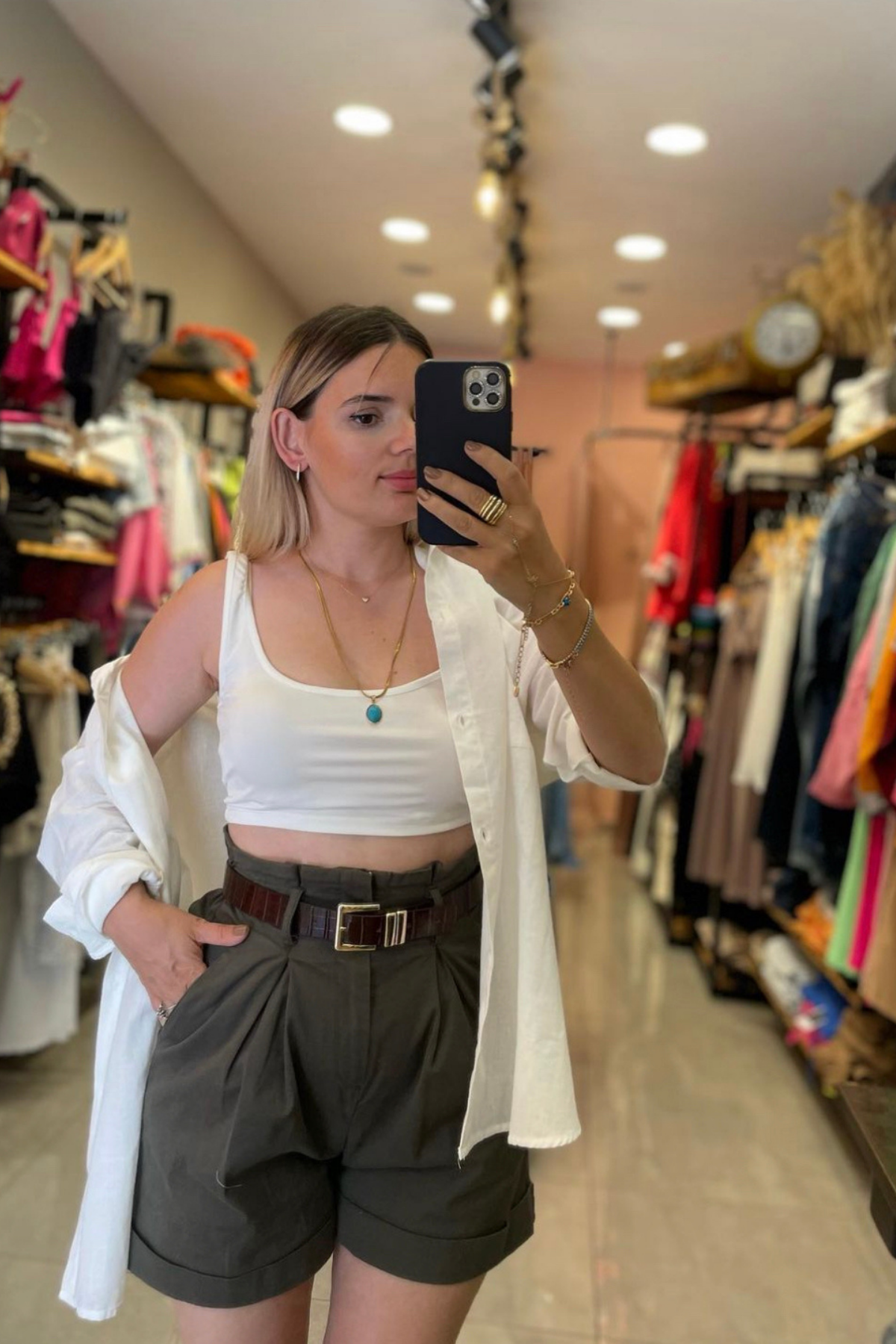 Kemerli Gabardin Şort - HAKİ