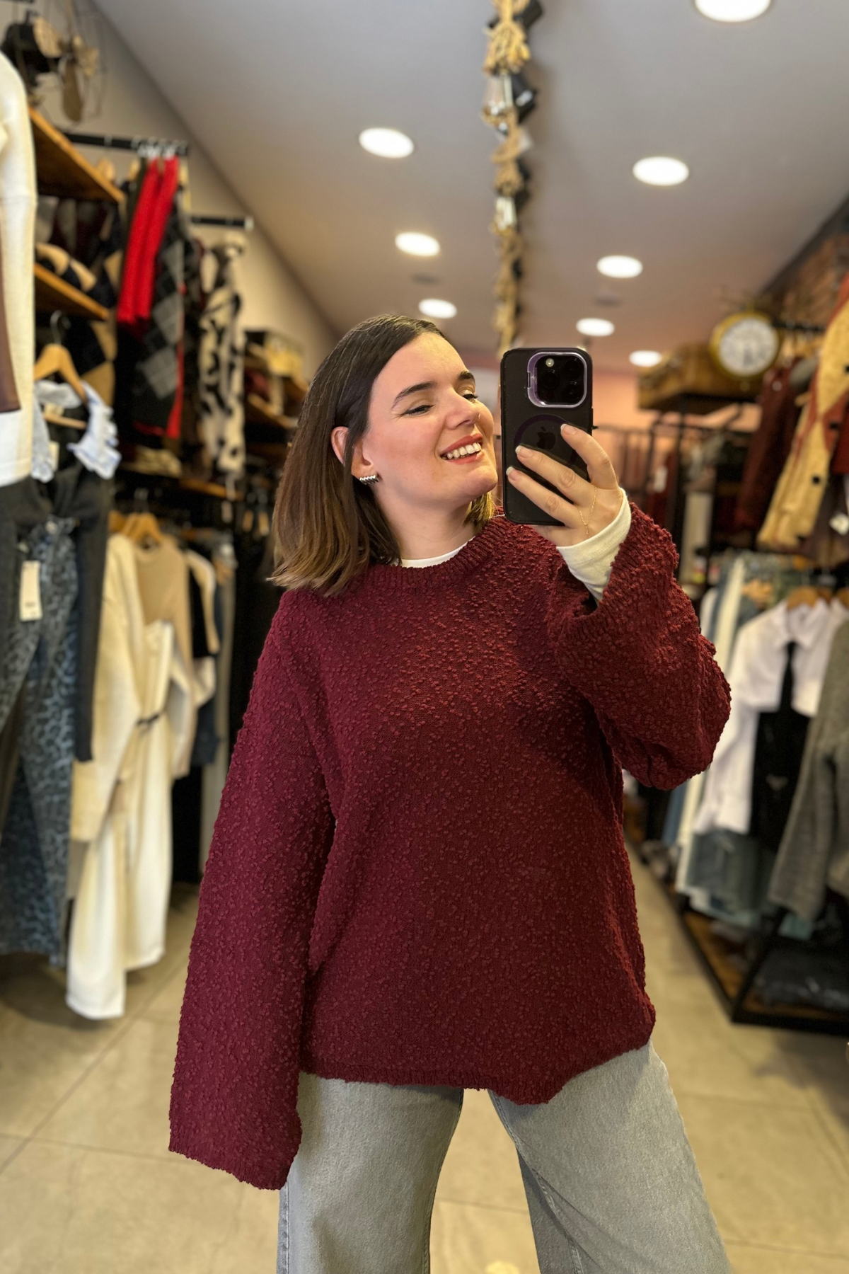 Kendinden Dokulu Oversize Triko Kazak - Bordo