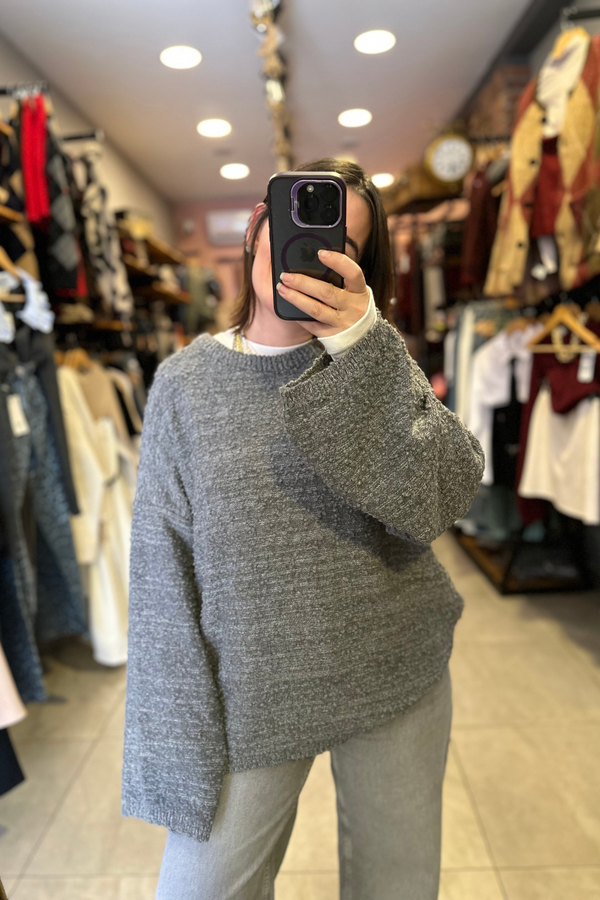 Kendinden Dokulu Oversize Triko Kazak - gri