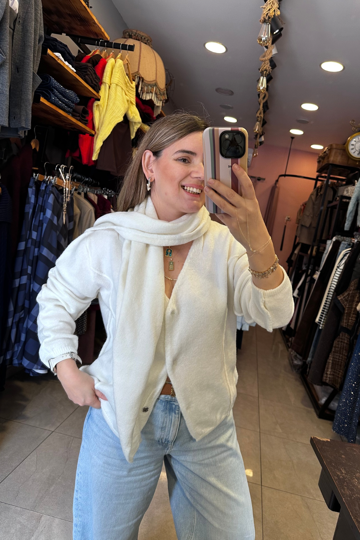 Kendinden Şallı Triko Hırka - Ekru