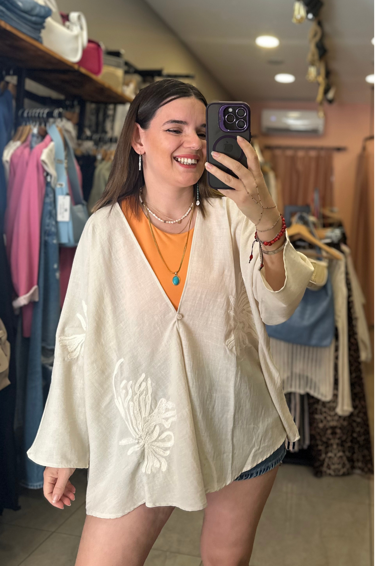 Keten İşleme Detay Kimono (bej)
