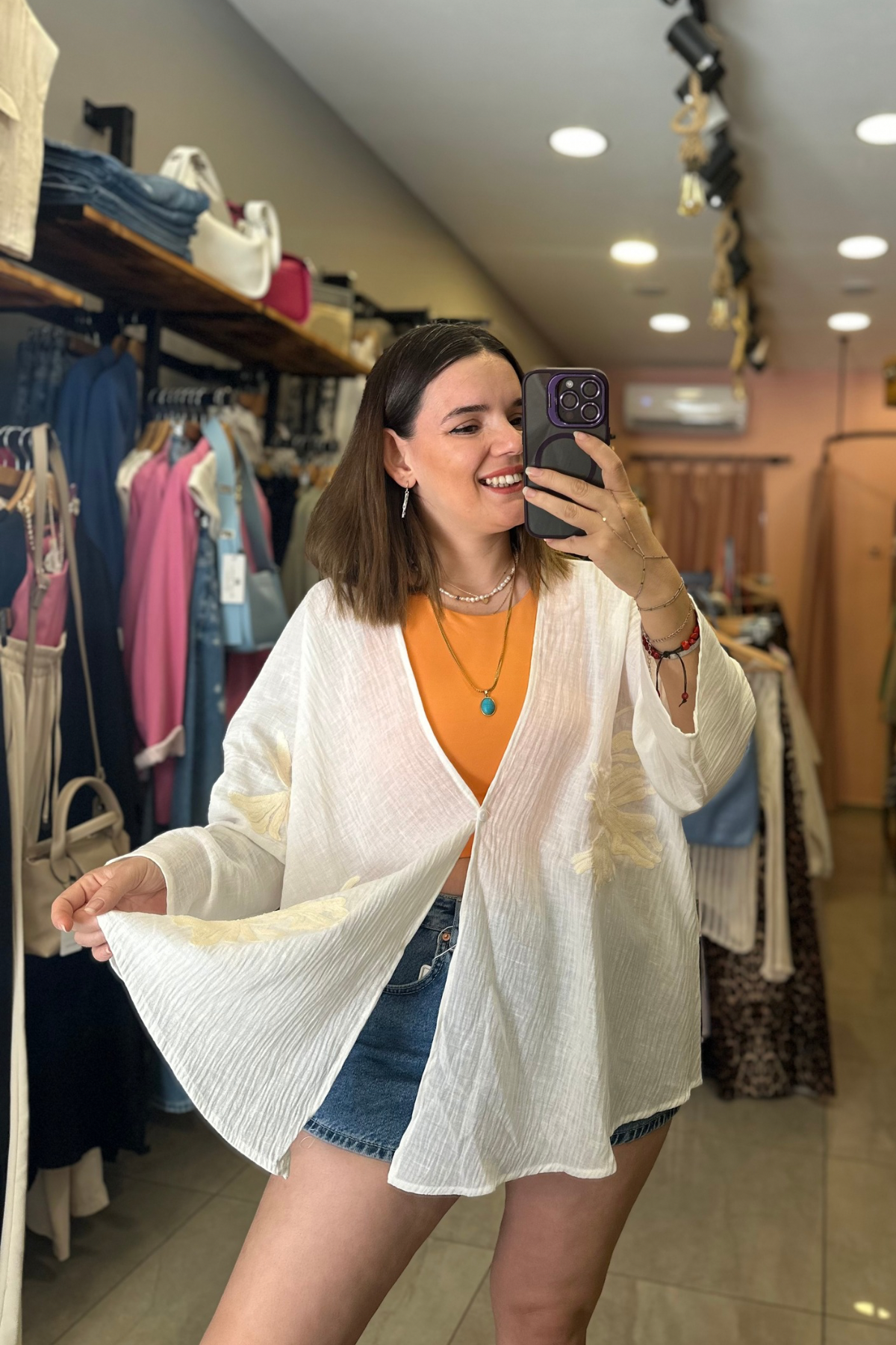 Keten İşleme Detay Kimono (Beyaz)