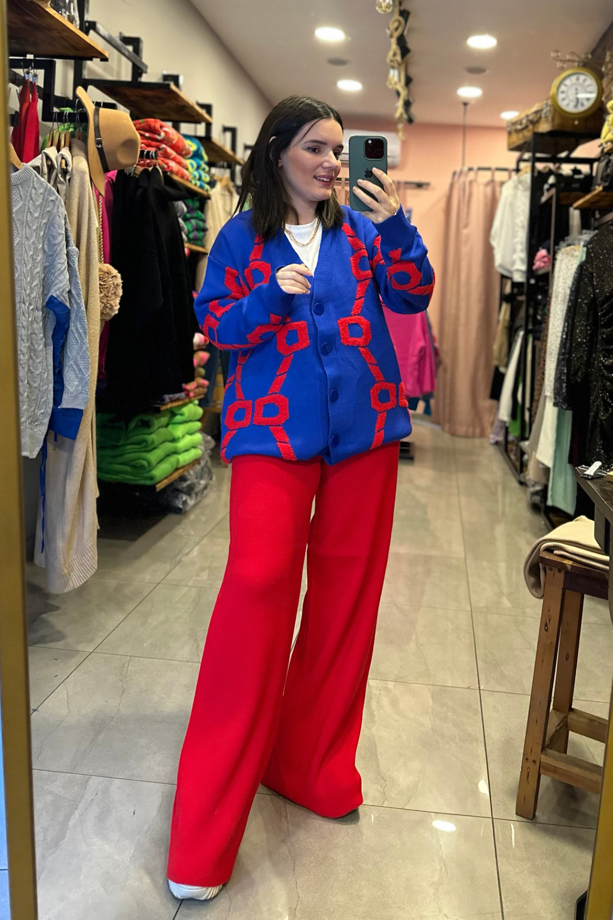 Kırmızı beli lastikli triko pantolon