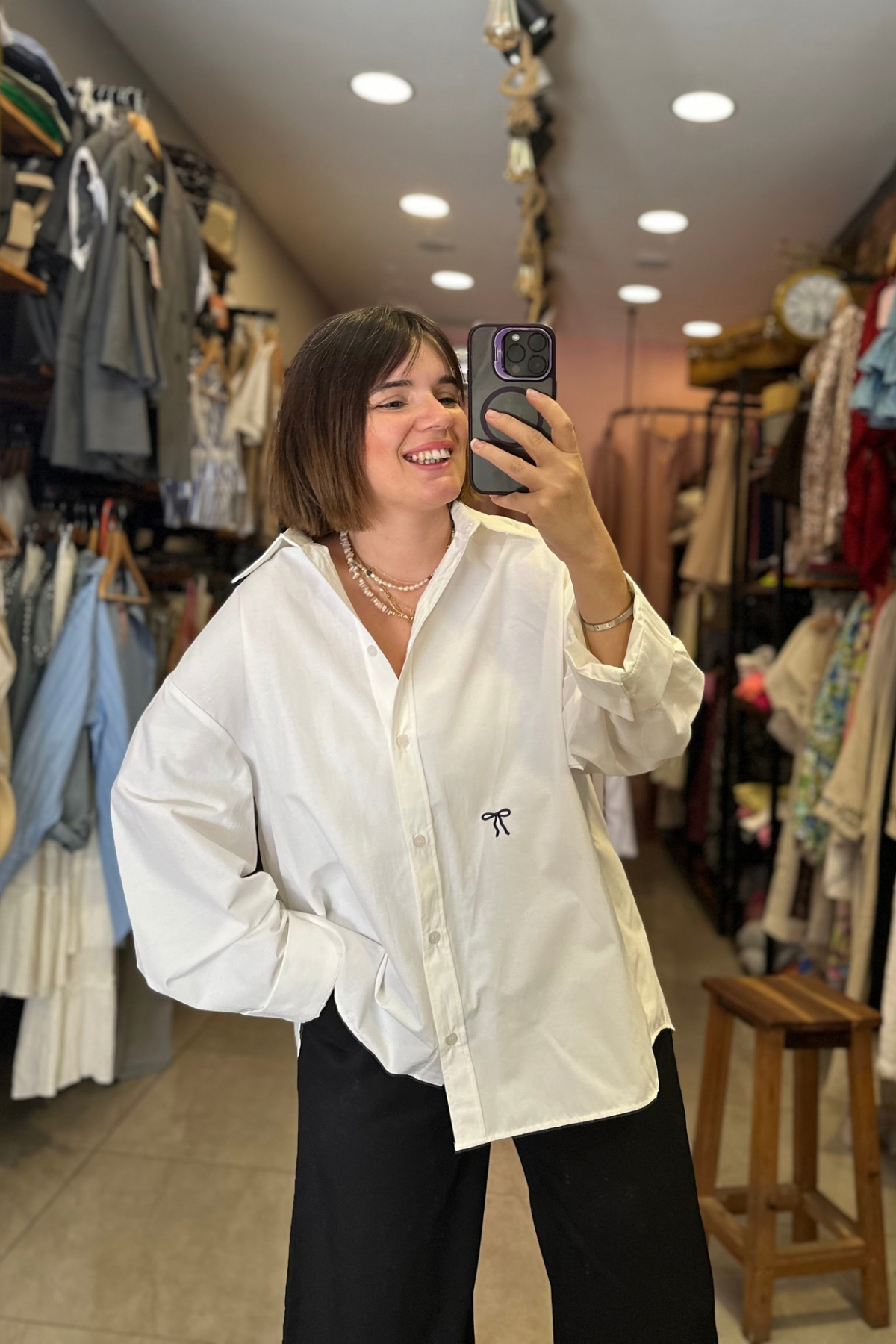 Kurdele Detay Sırt Düğmeli Oversize Poplin Gömlek - BEYAZ