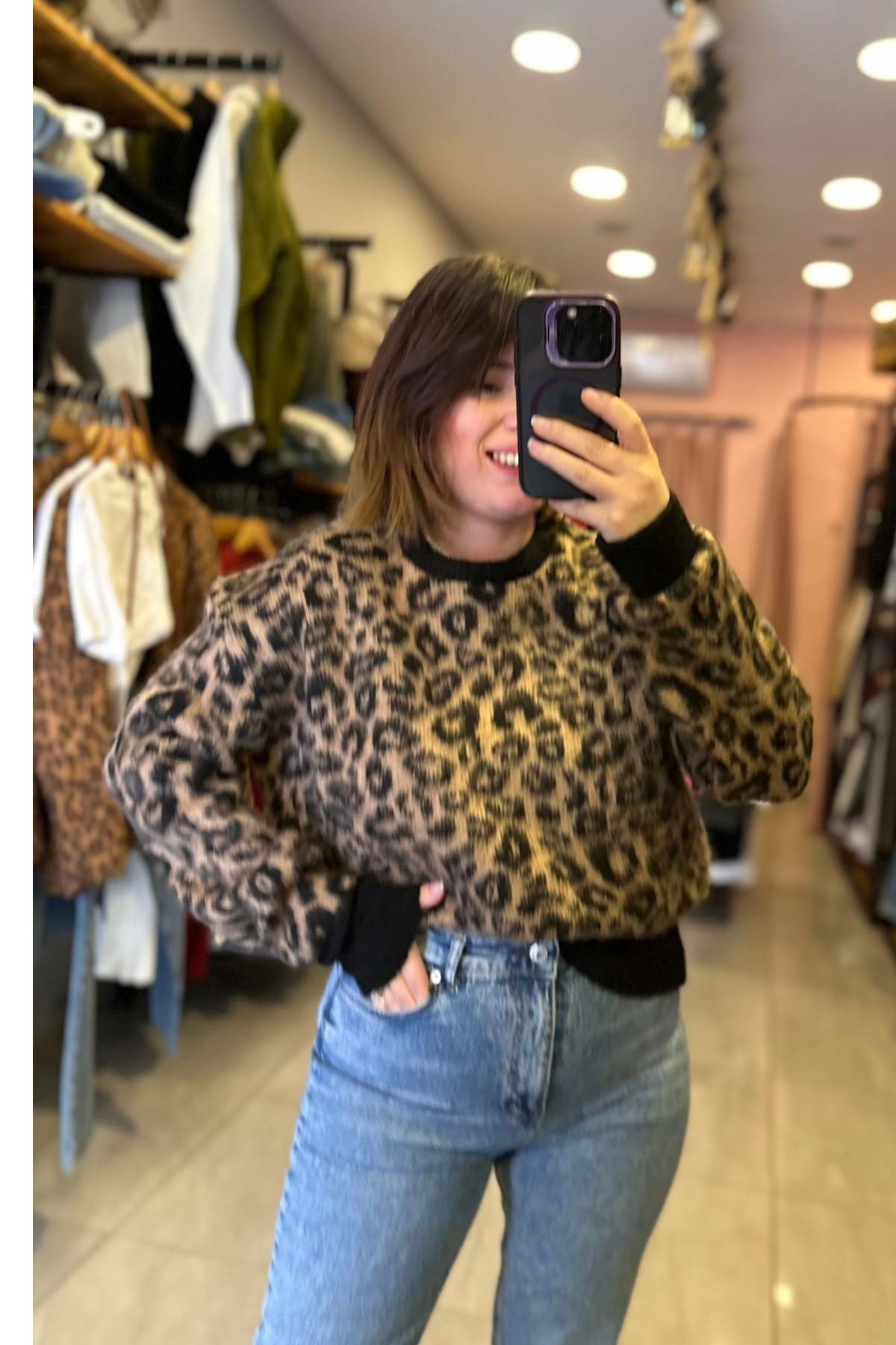 Leopar Desen Bisiklet Yaka Yumoş Triko Kazak 