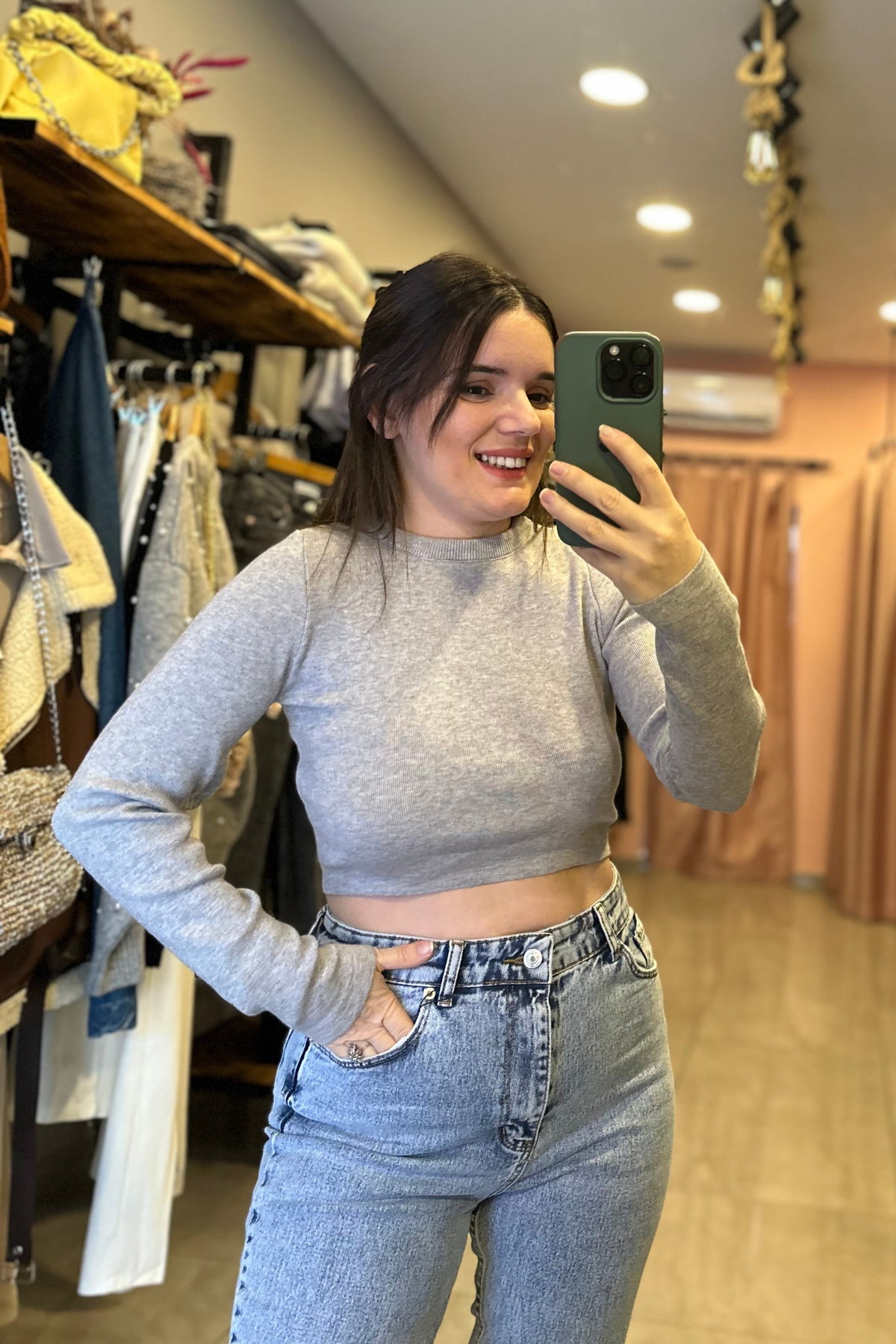 Massimo Dutti Gri Yumoş Triko Crop