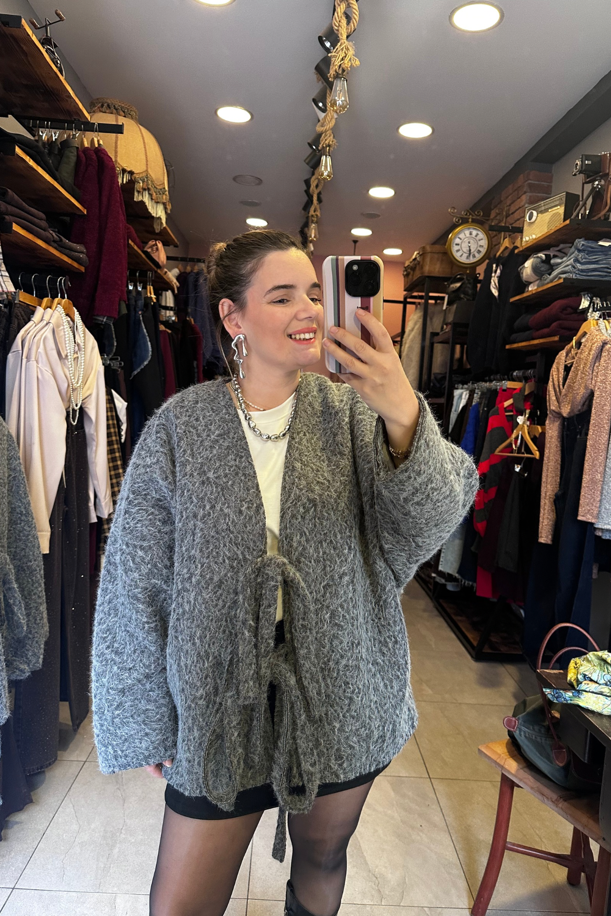 Önden Bağlamalı Kırcıllı Ceket - Gri