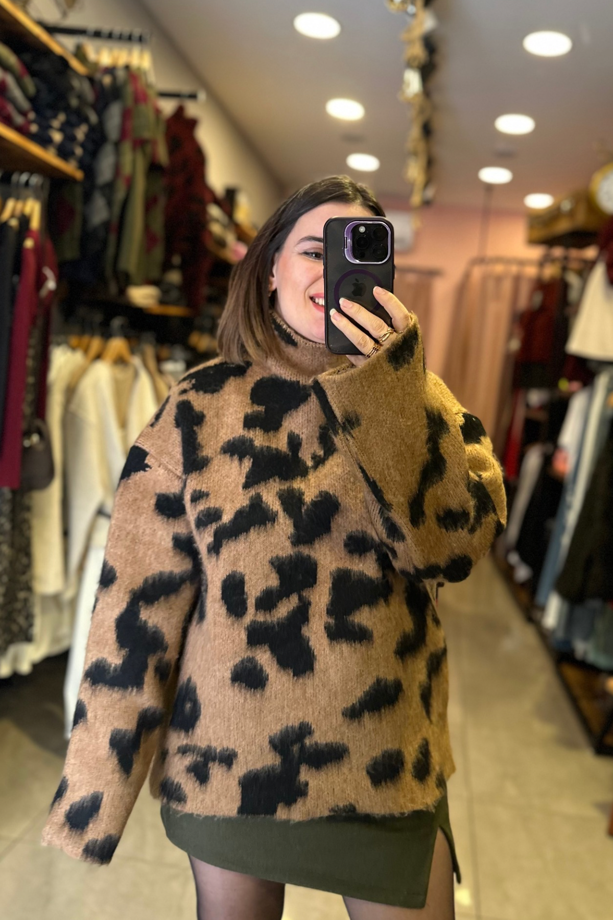 Orj Marka Dik Yaka Yumoş Dokulu Leopar Kazak / Kahve