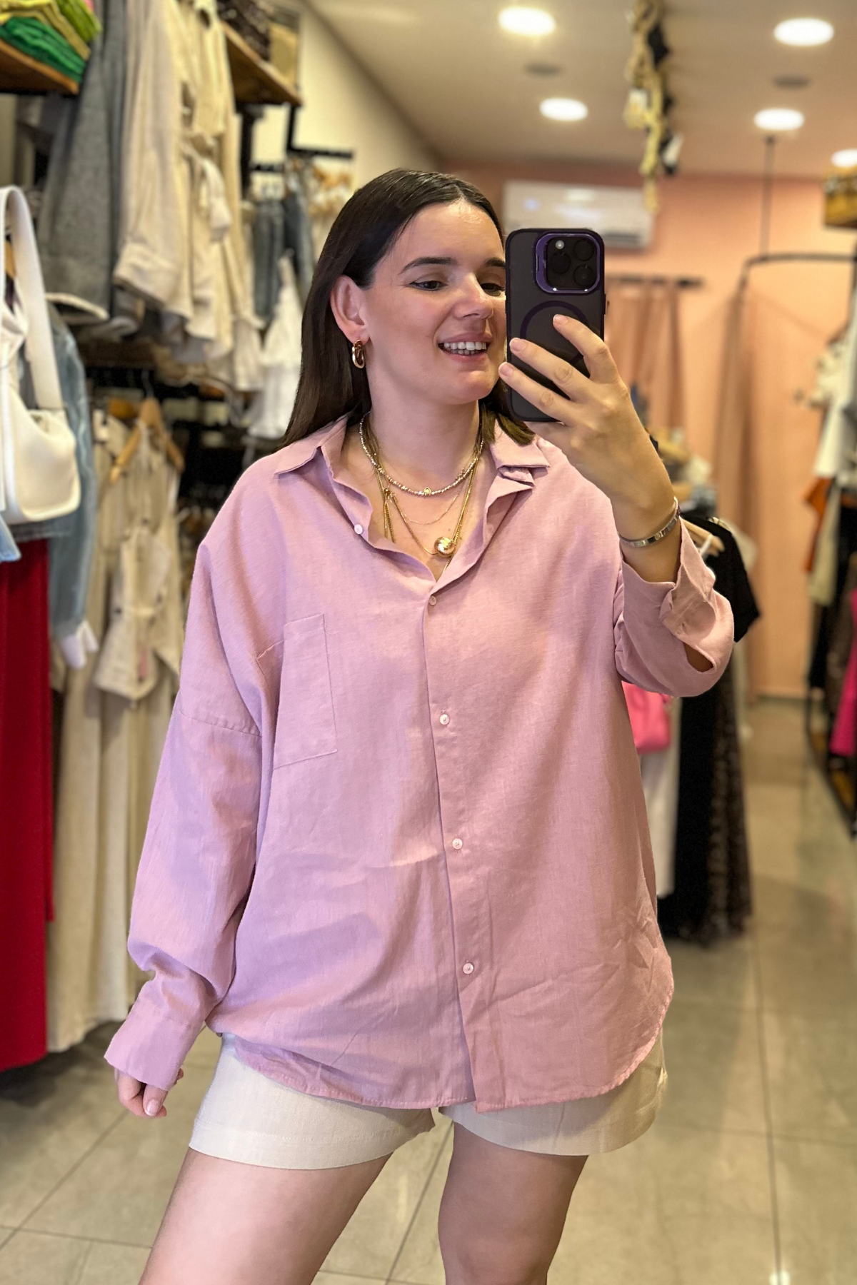 Oversize Kesim Tek Cep Keten Gömlek (gül rengi)