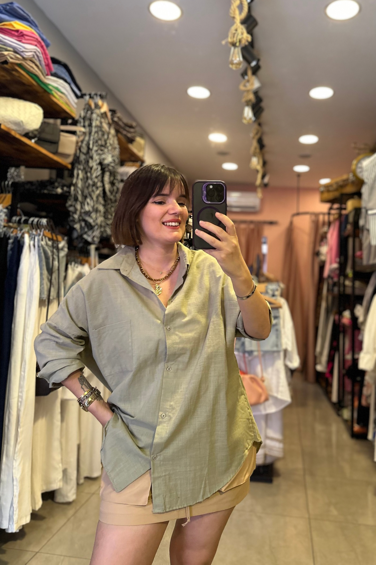 Oversize Kesim Tek Cep Keten Gömlek (haki)
