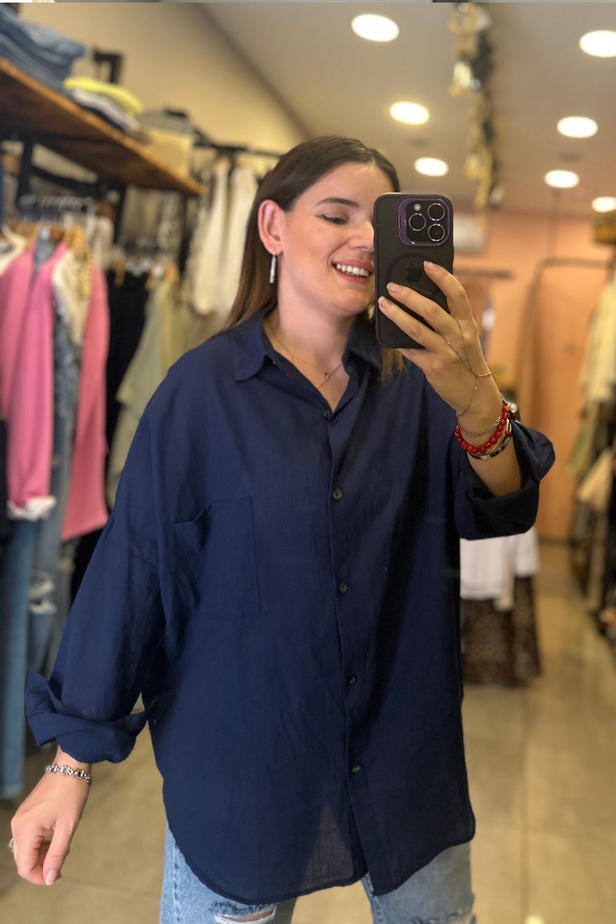 Oversize Kesim Tek Cep Keten Gömlek (lacivert)