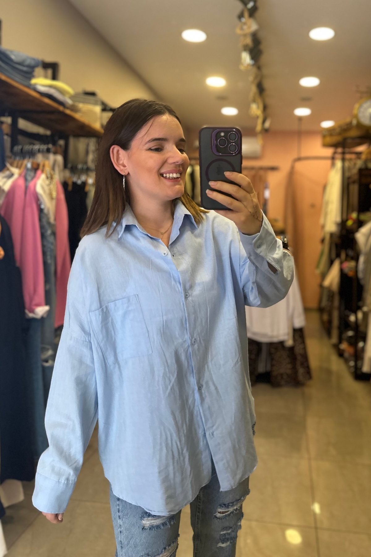 Oversize Kesim Tek Cep Keten Gömlek (mavi)