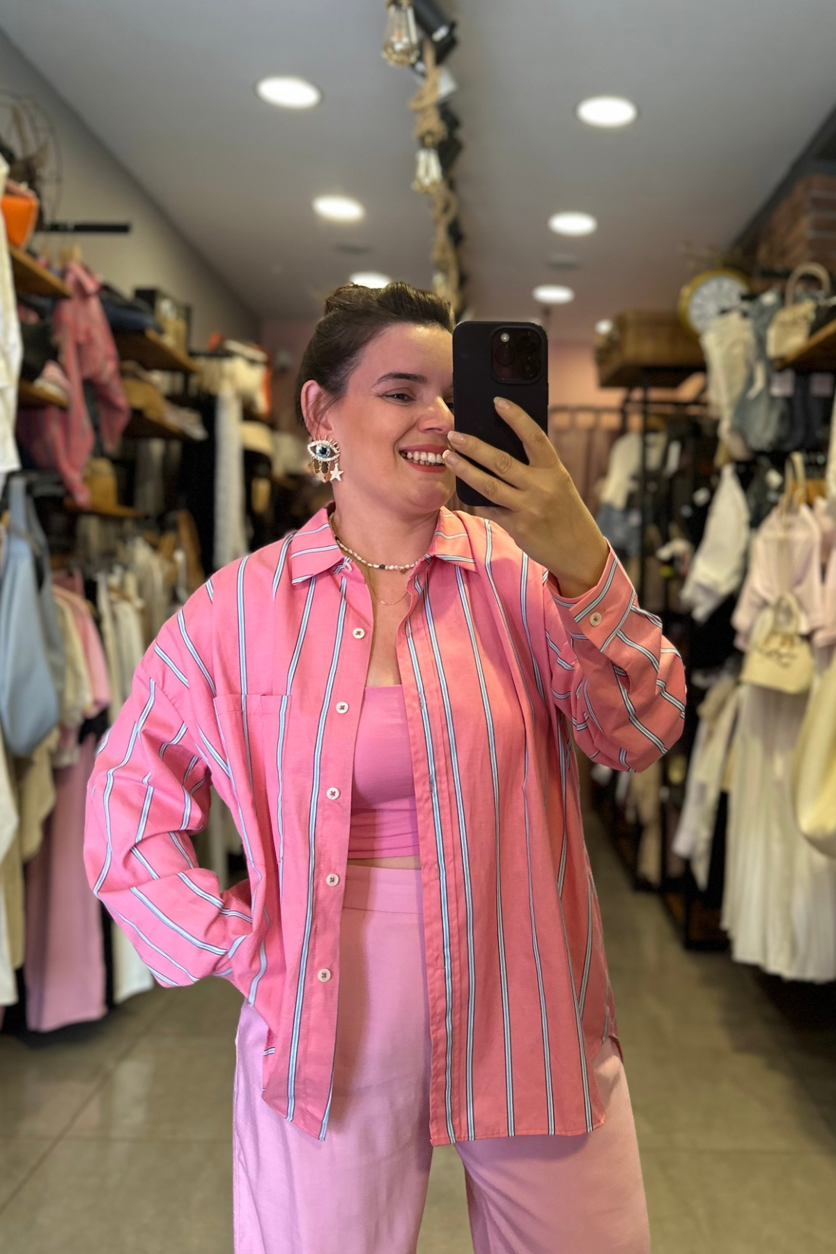 Pembe Çizgili Tensel Doku Poplin Gömlek