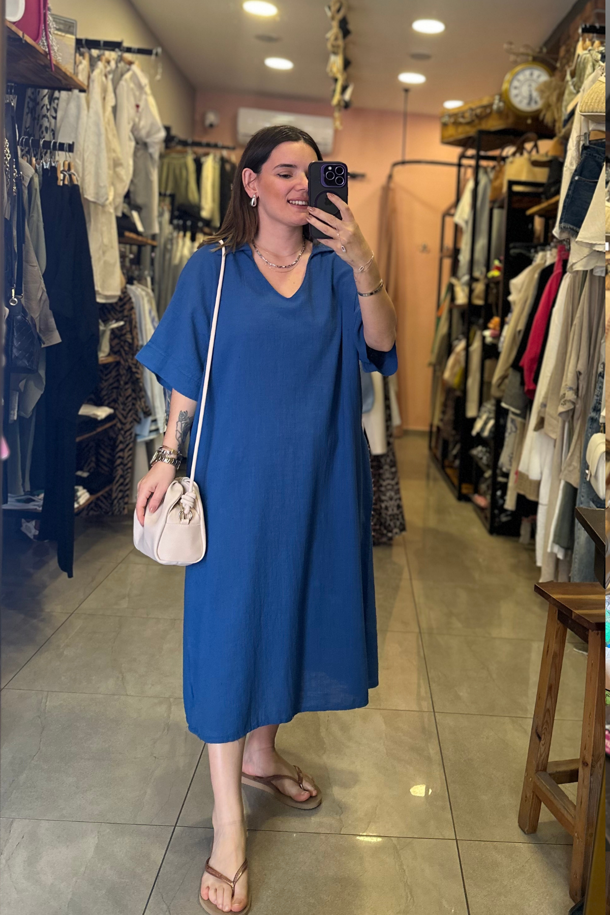 Polo Yaka Keten Elbise (saks mavi)
