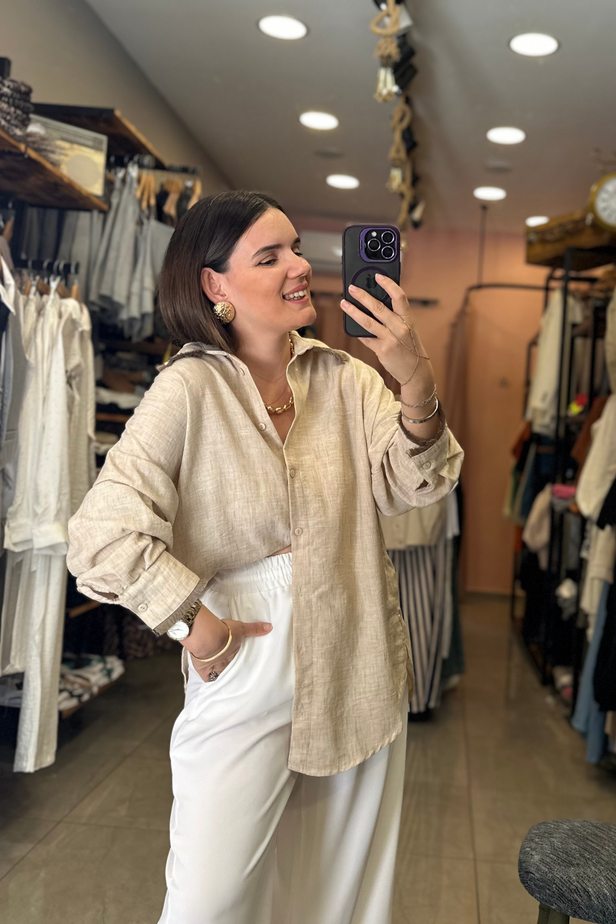 Püskül Ve Baskı Detay Keten Tasarım Gömlek Vizon