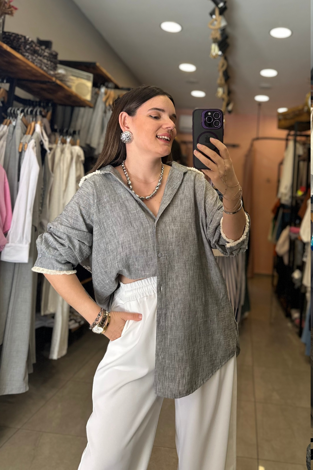 Püskül Ve Baskı Detay Tasarım Keten Gömlek Gri